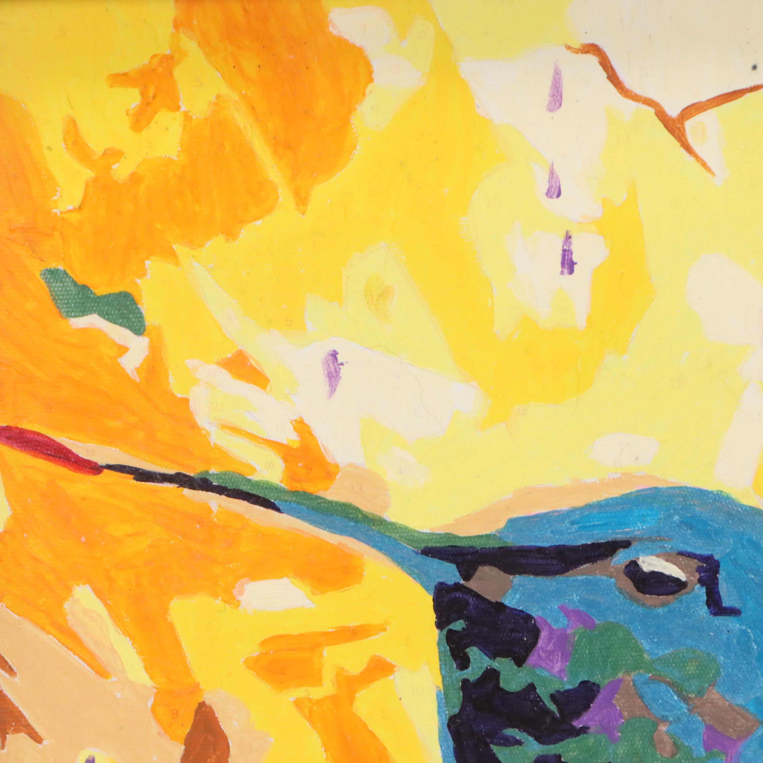 Brittony Martin Acrylic Painting of Hummingbird Among Flowers, 21st Century