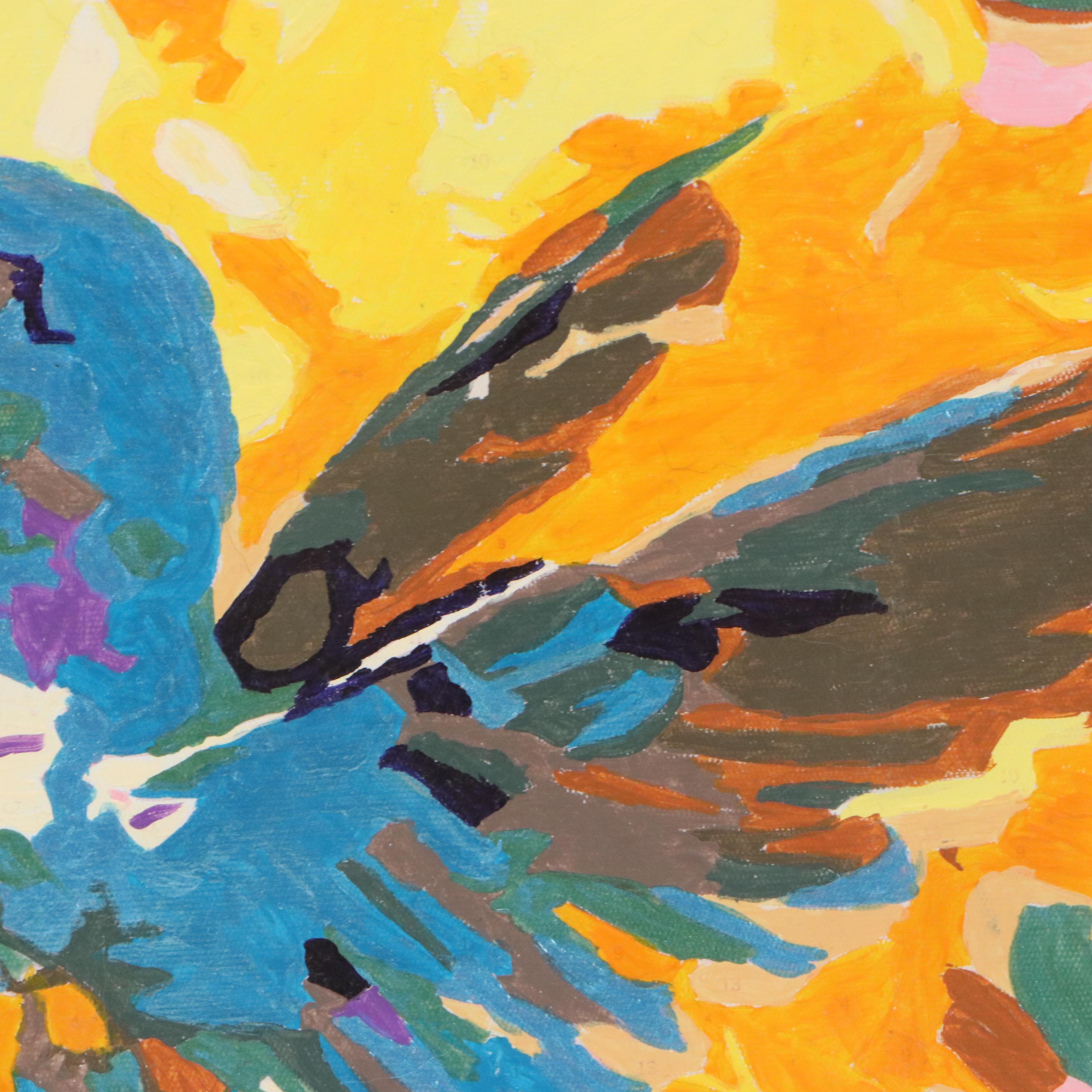 Brittony Martin Acrylic Painting of Hummingbird Among Flowers, 21st Century