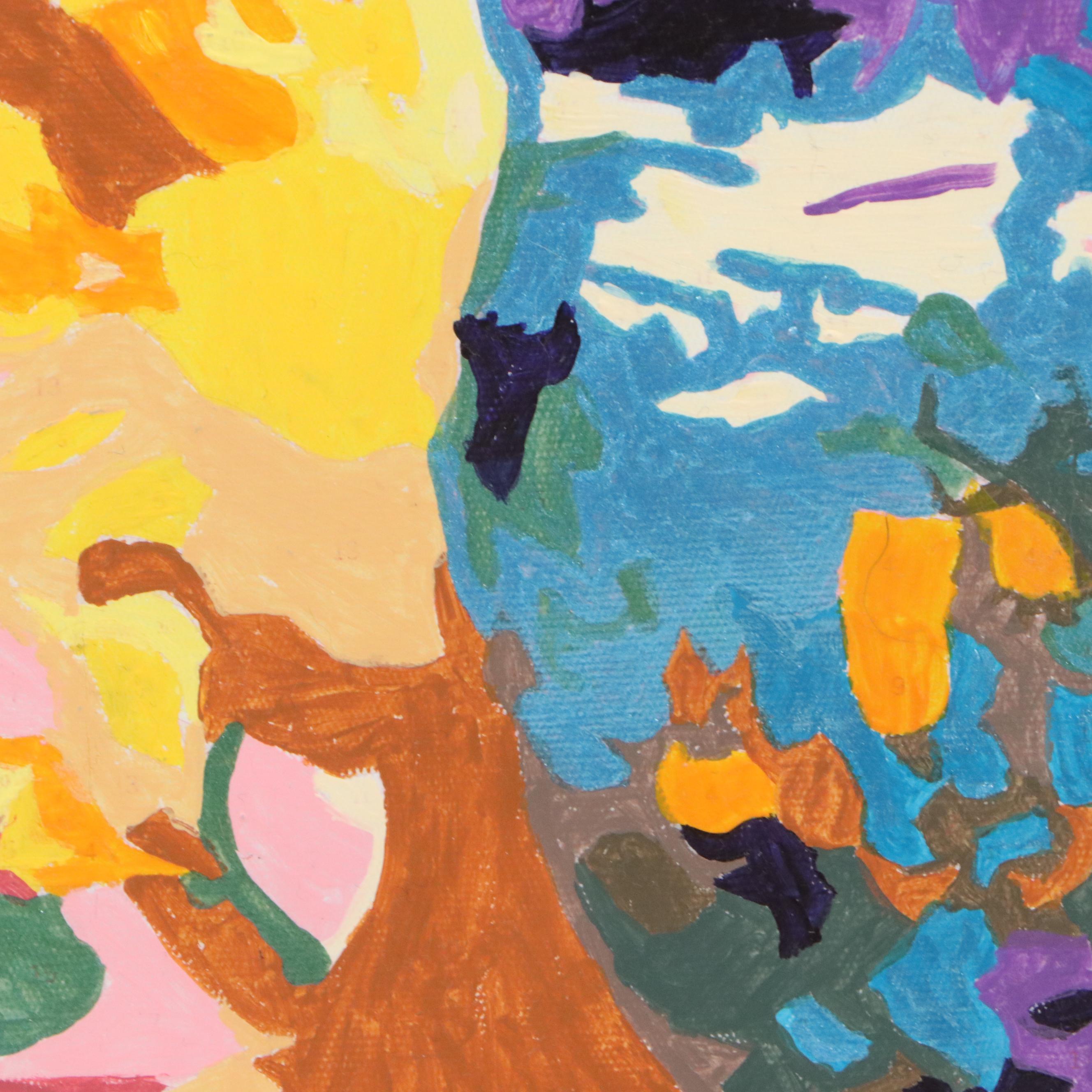 Brittony Martin Acrylic Painting of Hummingbird Among Flowers, 21st Century