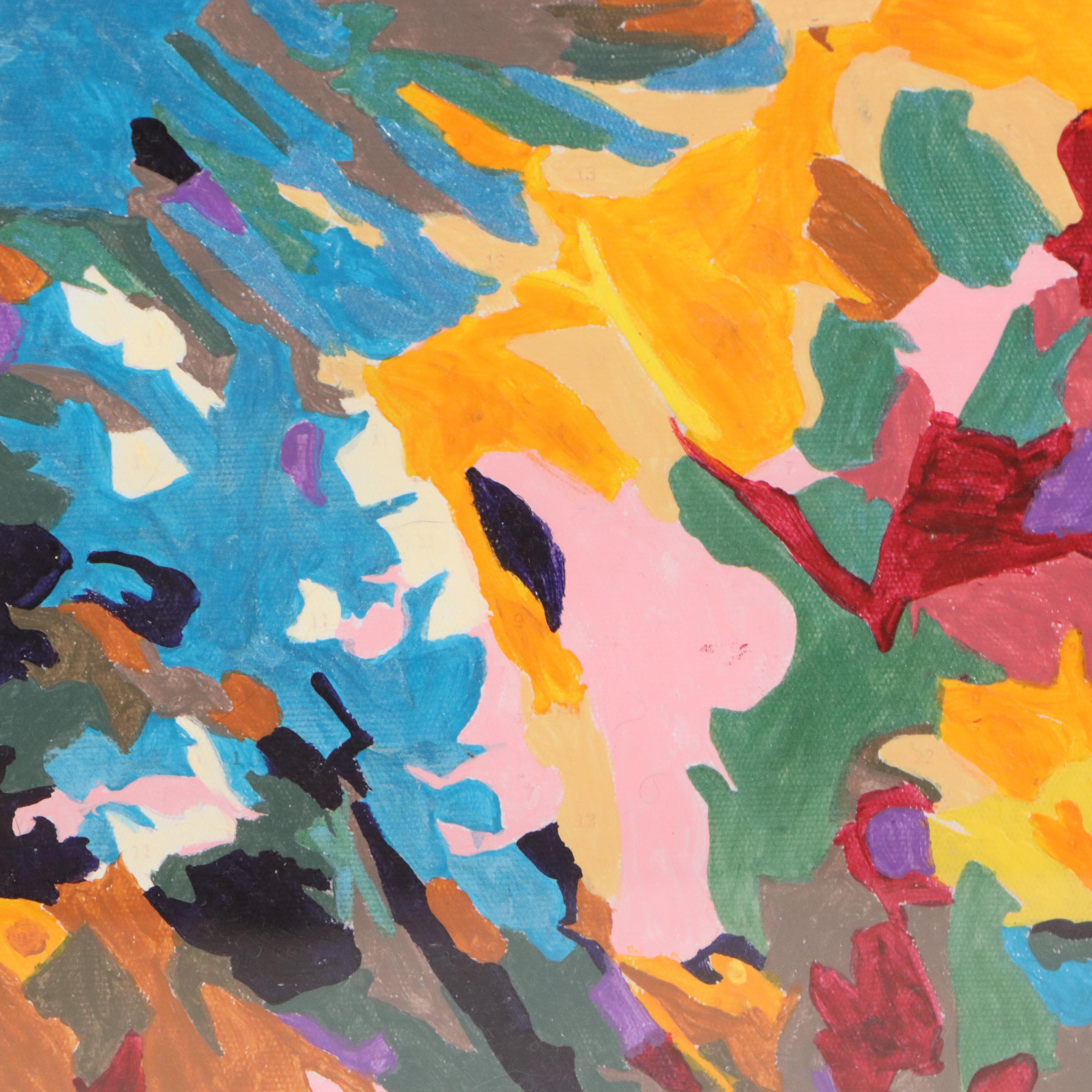 Brittony Martin Acrylic Painting of Hummingbird Among Flowers, 21st Century