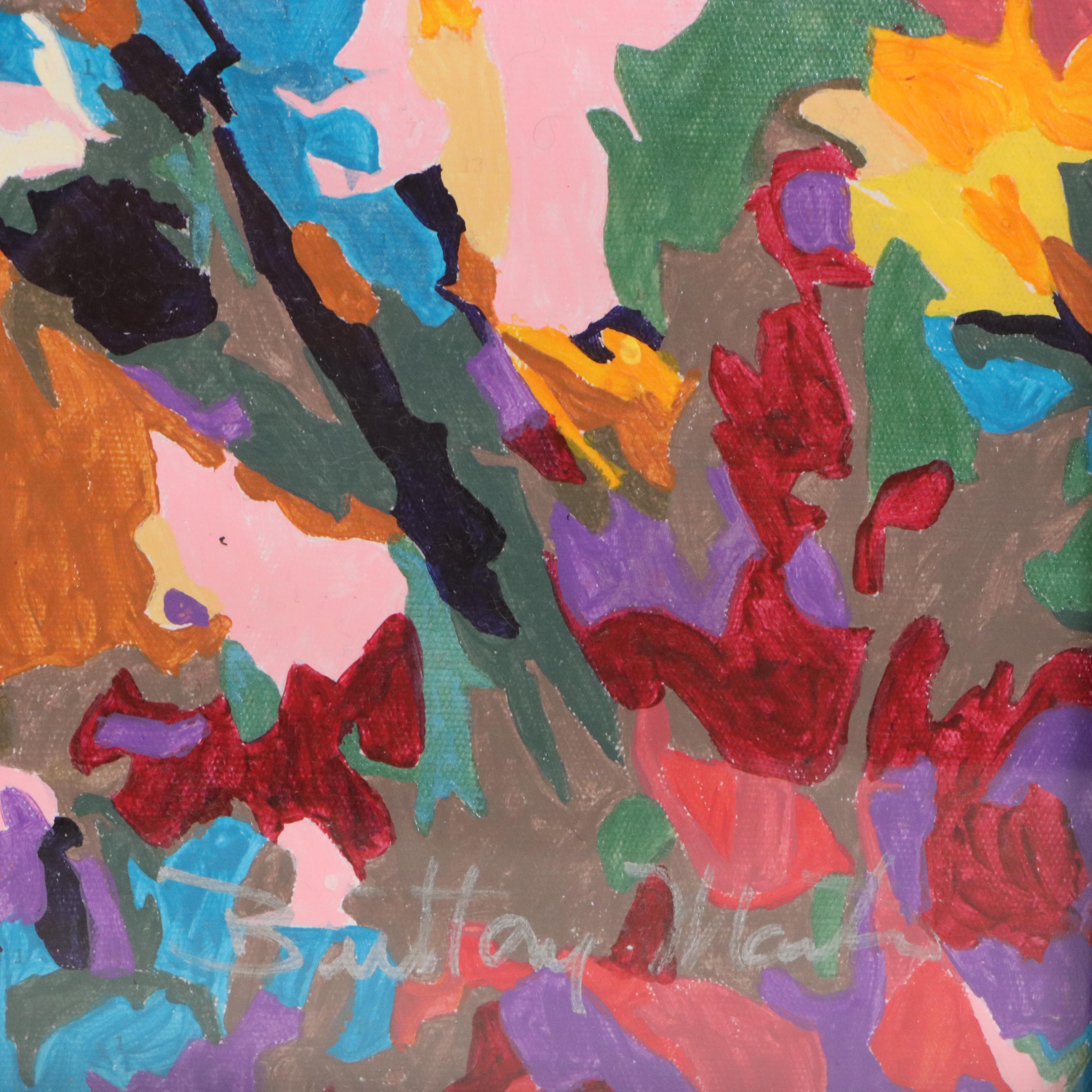 Brittony Martin Acrylic Painting of Hummingbird Among Flowers, 21st Century