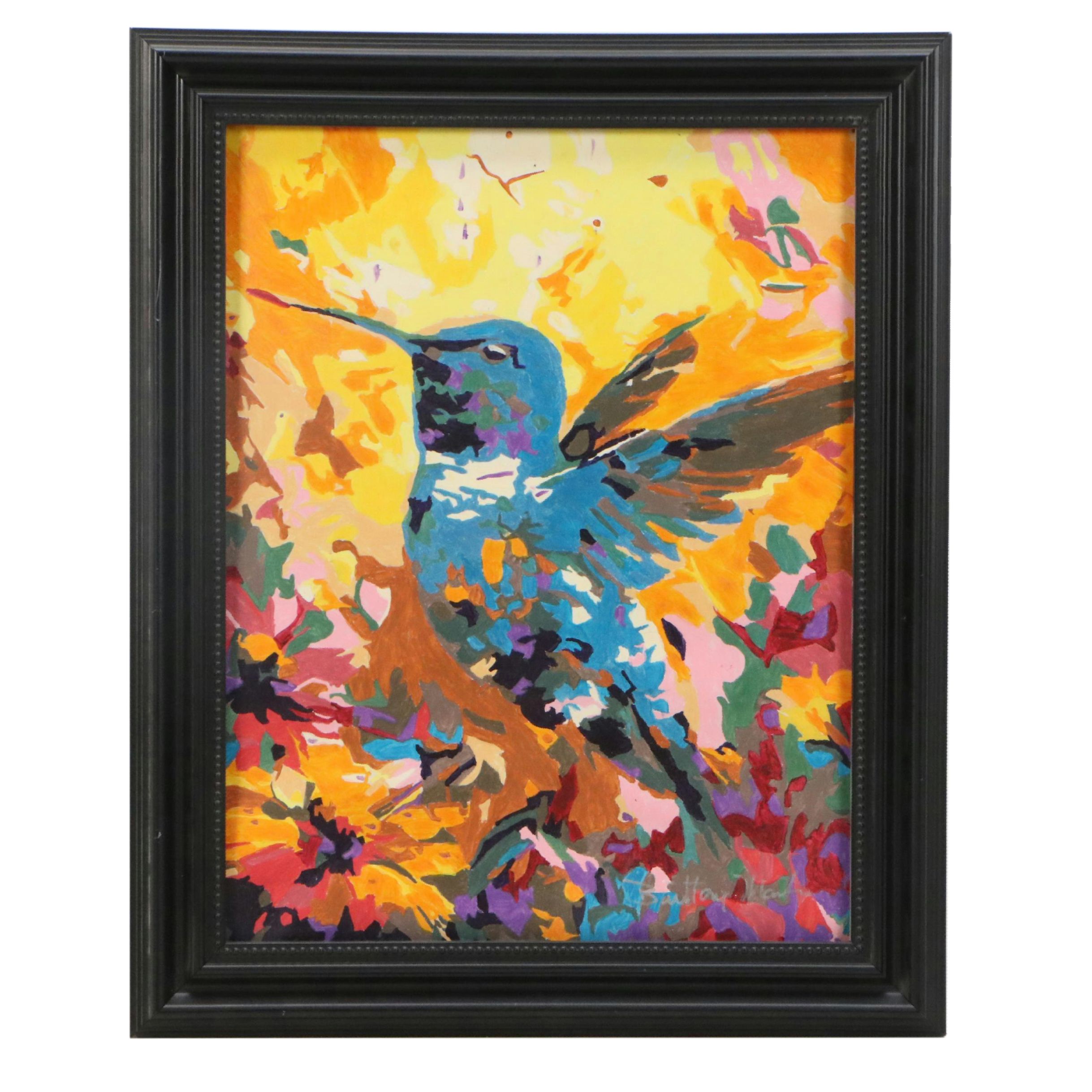 Brittony Martin Acrylic Painting of Hummingbird Among Flowers, 21st Century