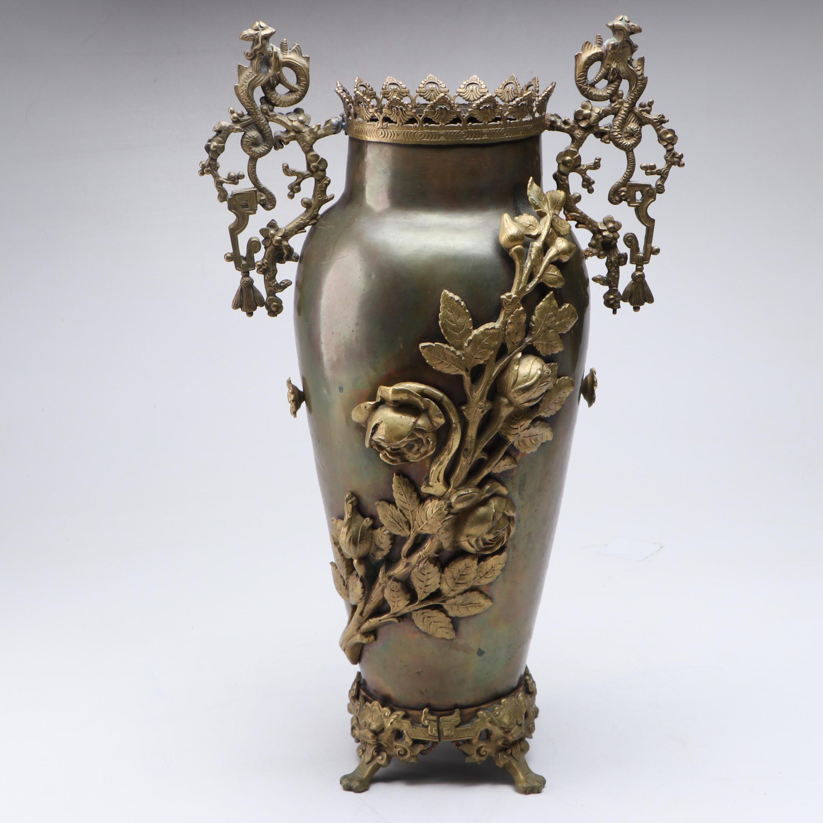 Victorian Chinoiserie Padfoot Brass Vase with Cherry Blossom Dragon Handles