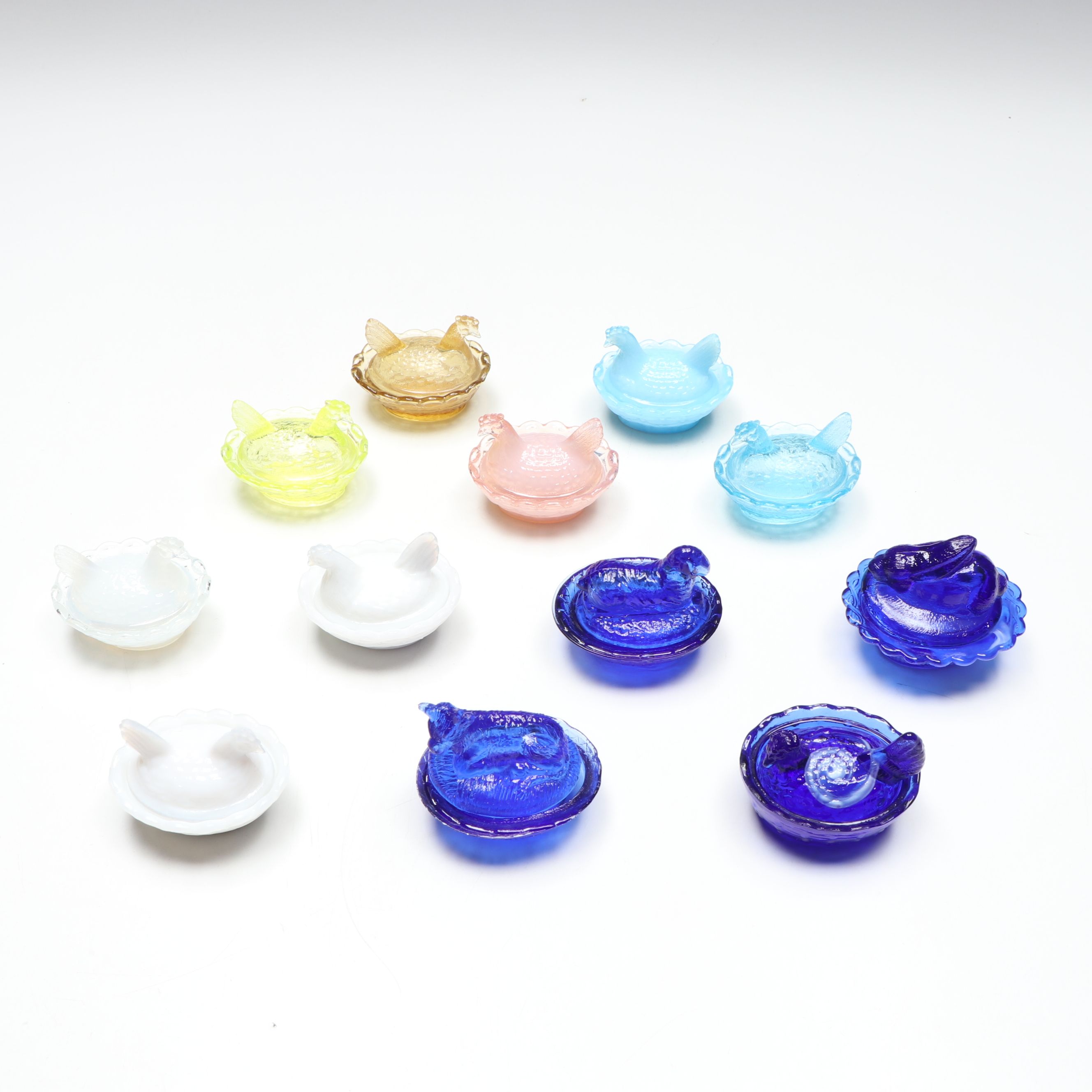 Boyd's Glass Vaseline Glass with Hen on Nest and Other Animal Salt Cellars