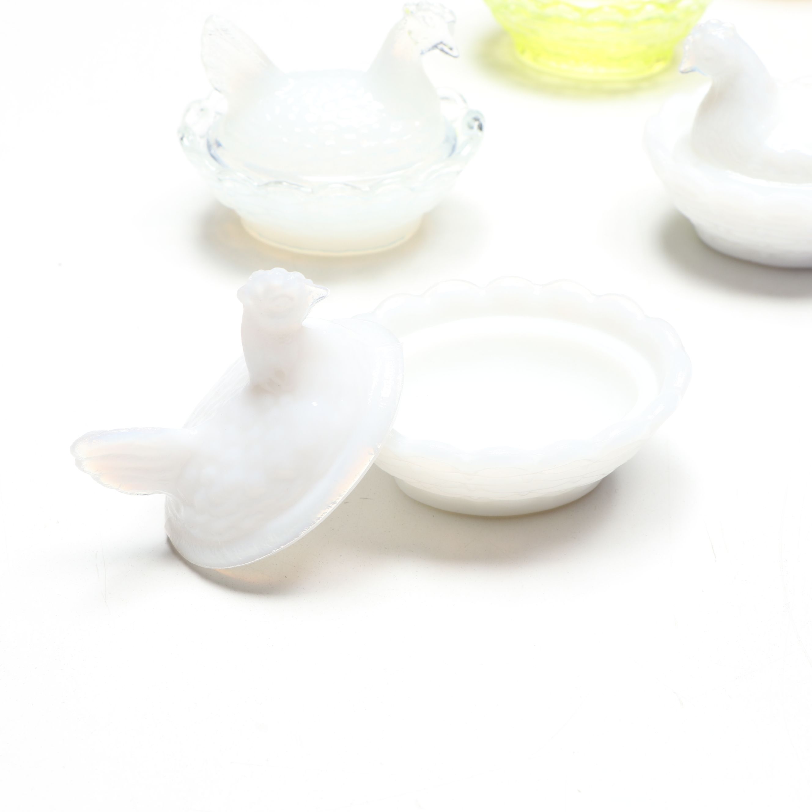Boyd's Glass Vaseline Glass with Hen on Nest and Other Animal Salt Cellars