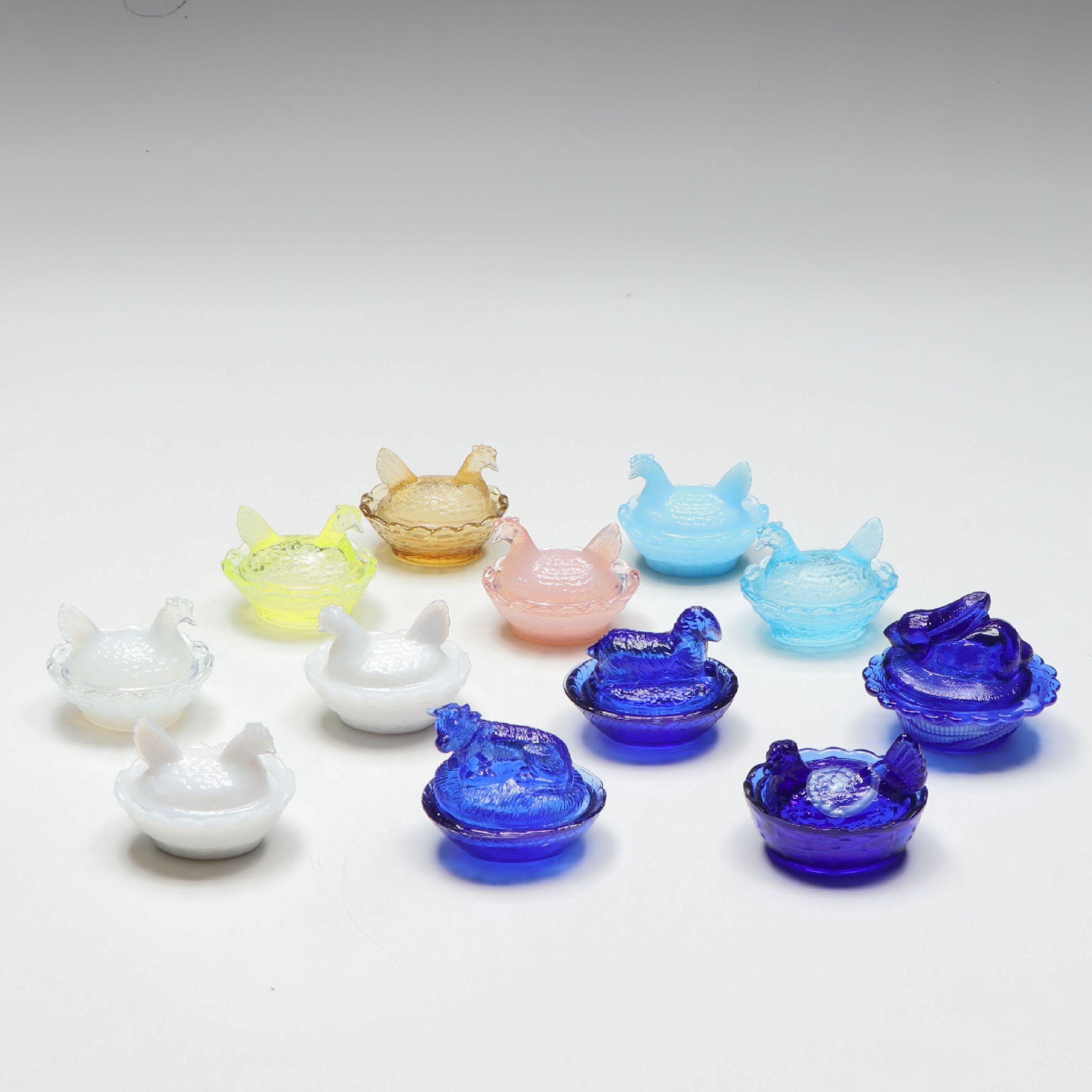 Boyd's Glass Vaseline Glass with Hen on Nest and Other Animal Salt Cellars