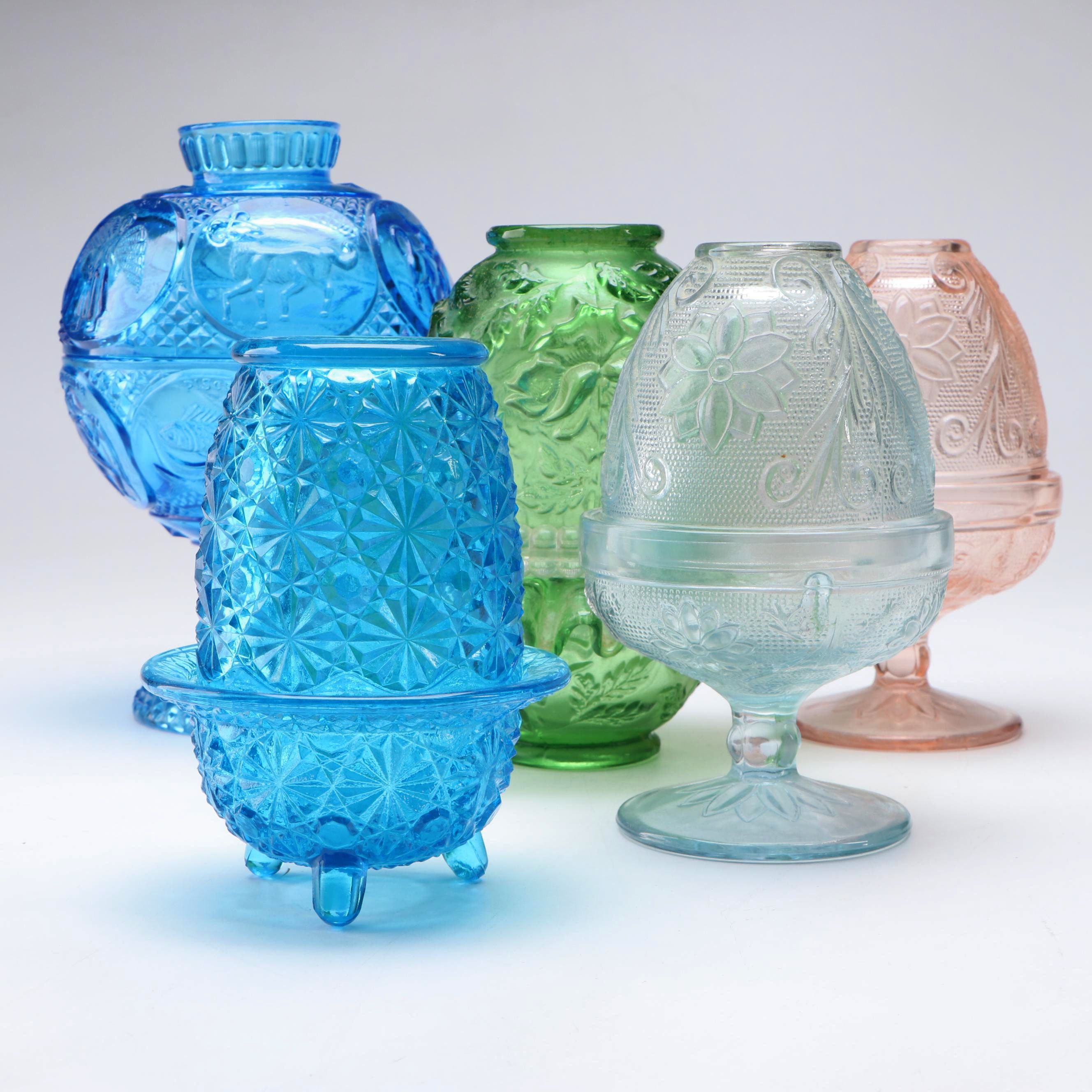 Indiana Glass "Chantilly" and Other Impressed Glass Fairy Lamps