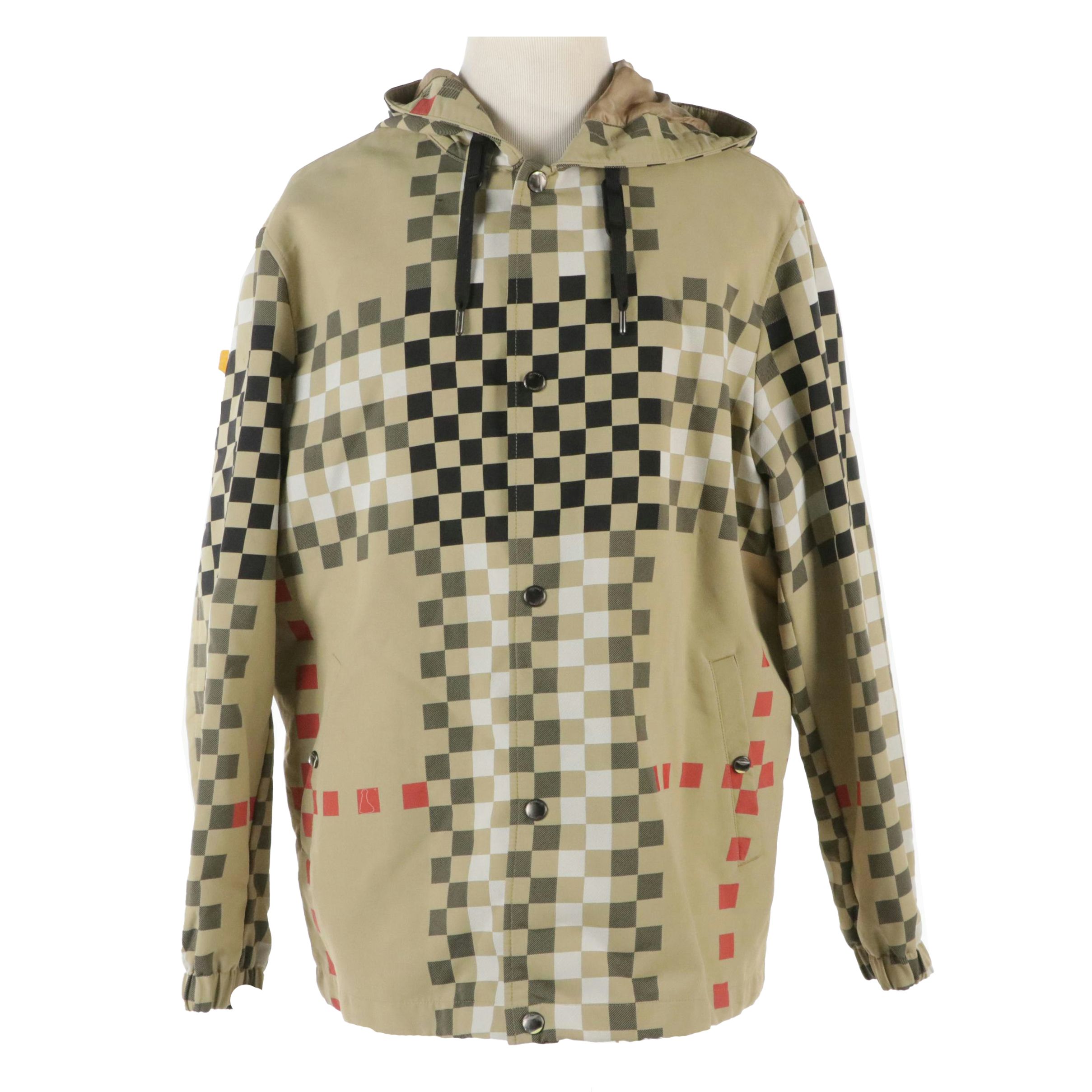 Men's Burberry Check Snap-Front Hooded Jacket with Tags
