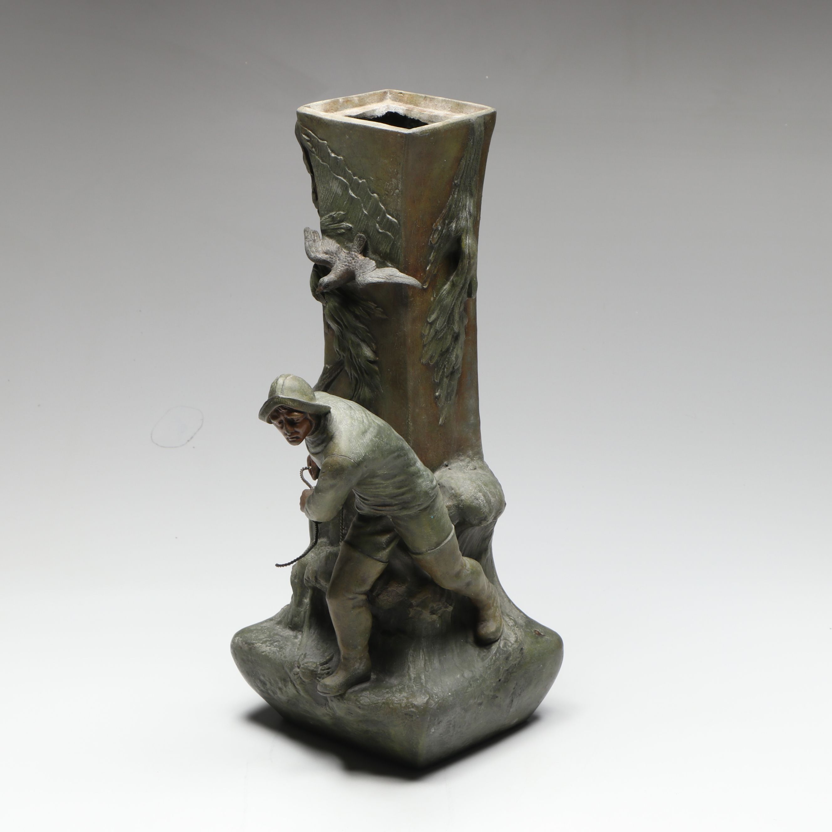 French Art Deco Style Cast Metal Fisherman Lamp Base, Early 20th Century