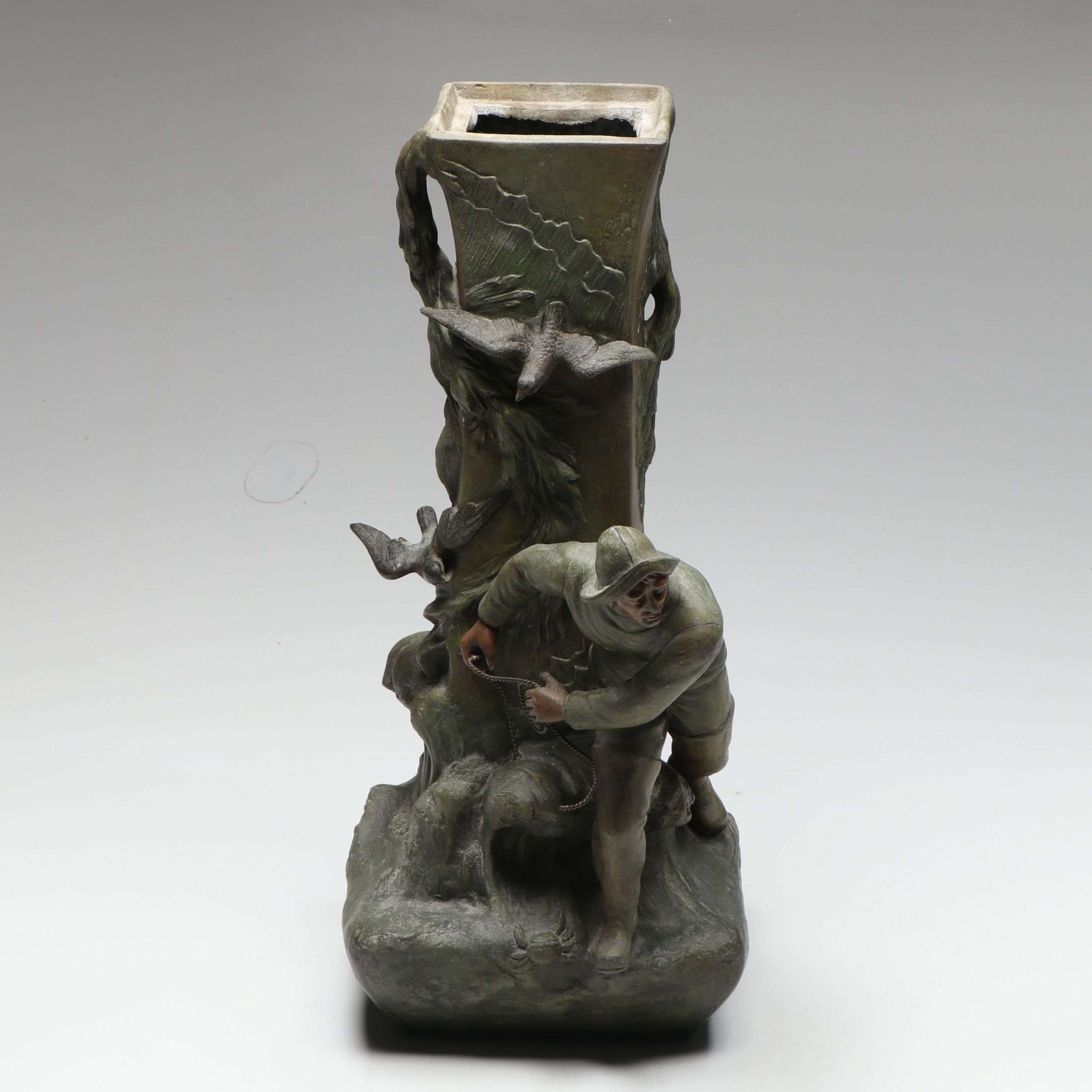 French Art Deco Style Cast Metal Fisherman Lamp Base, Early 20th Century