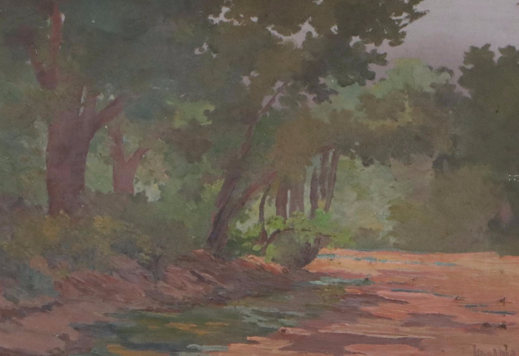 Maude Leach Oil Painting of Dark River Landscape, Late 19th Century