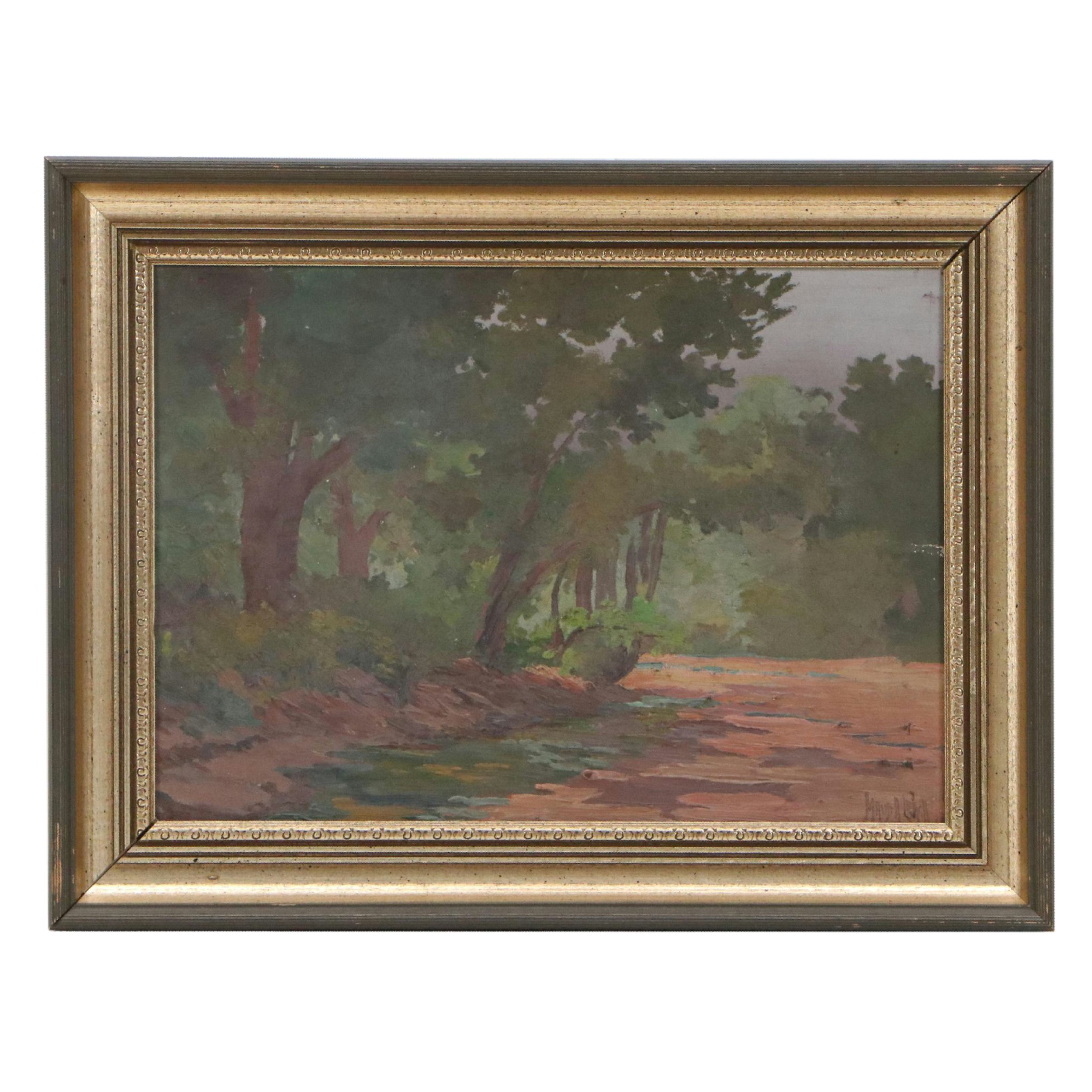 Maude Leach Oil Painting of Dark River Landscape, Late 19th Century