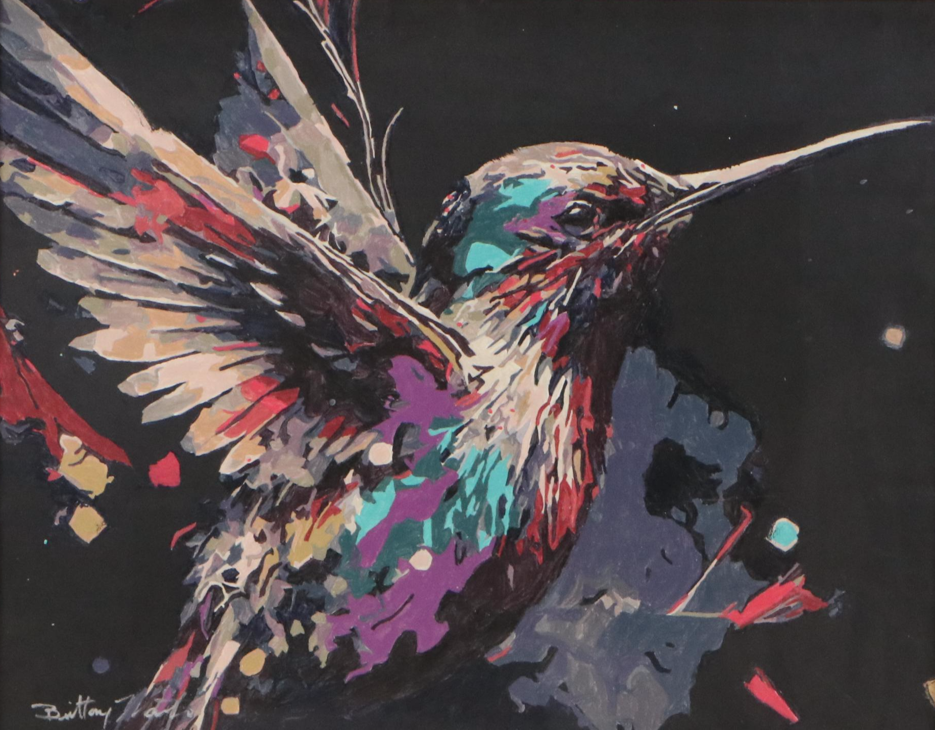 Brittony Martin Acrylic Painting of Colorful Hummingbird, 21st Century