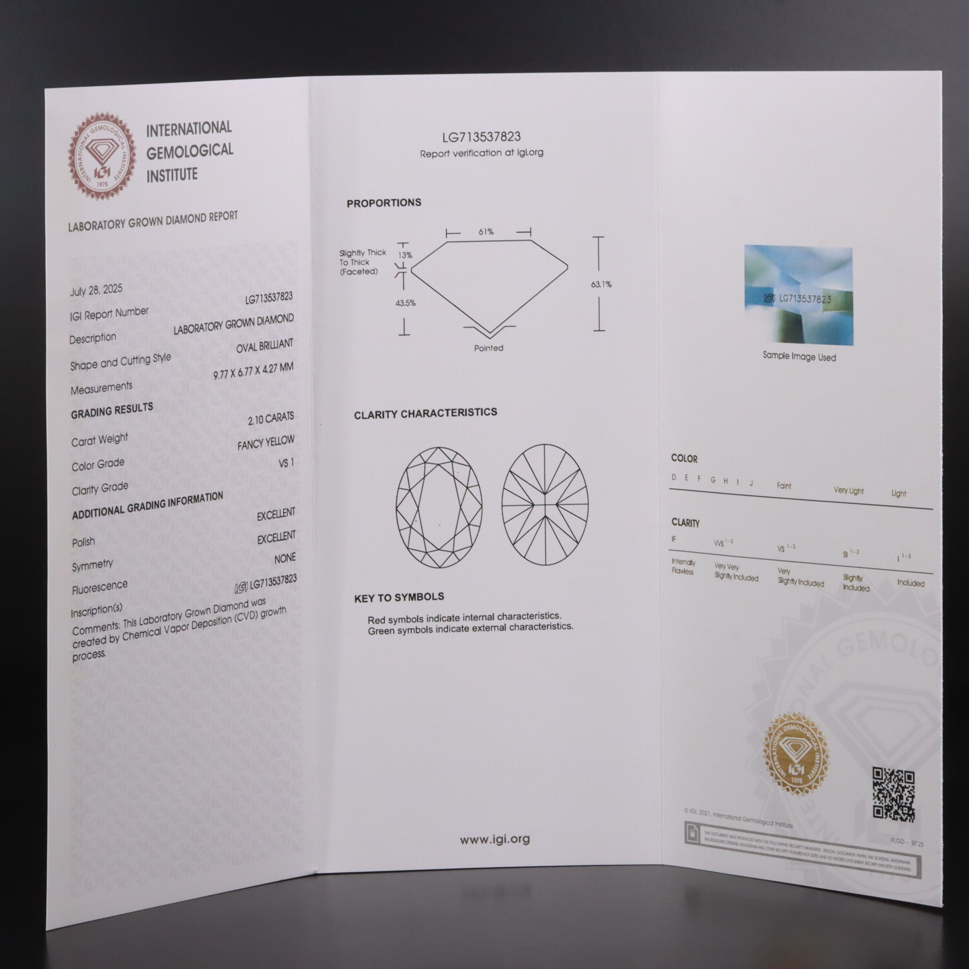 Loose 2.10 CT Lab Grown Fancy Yellow Diamond with IGI Report