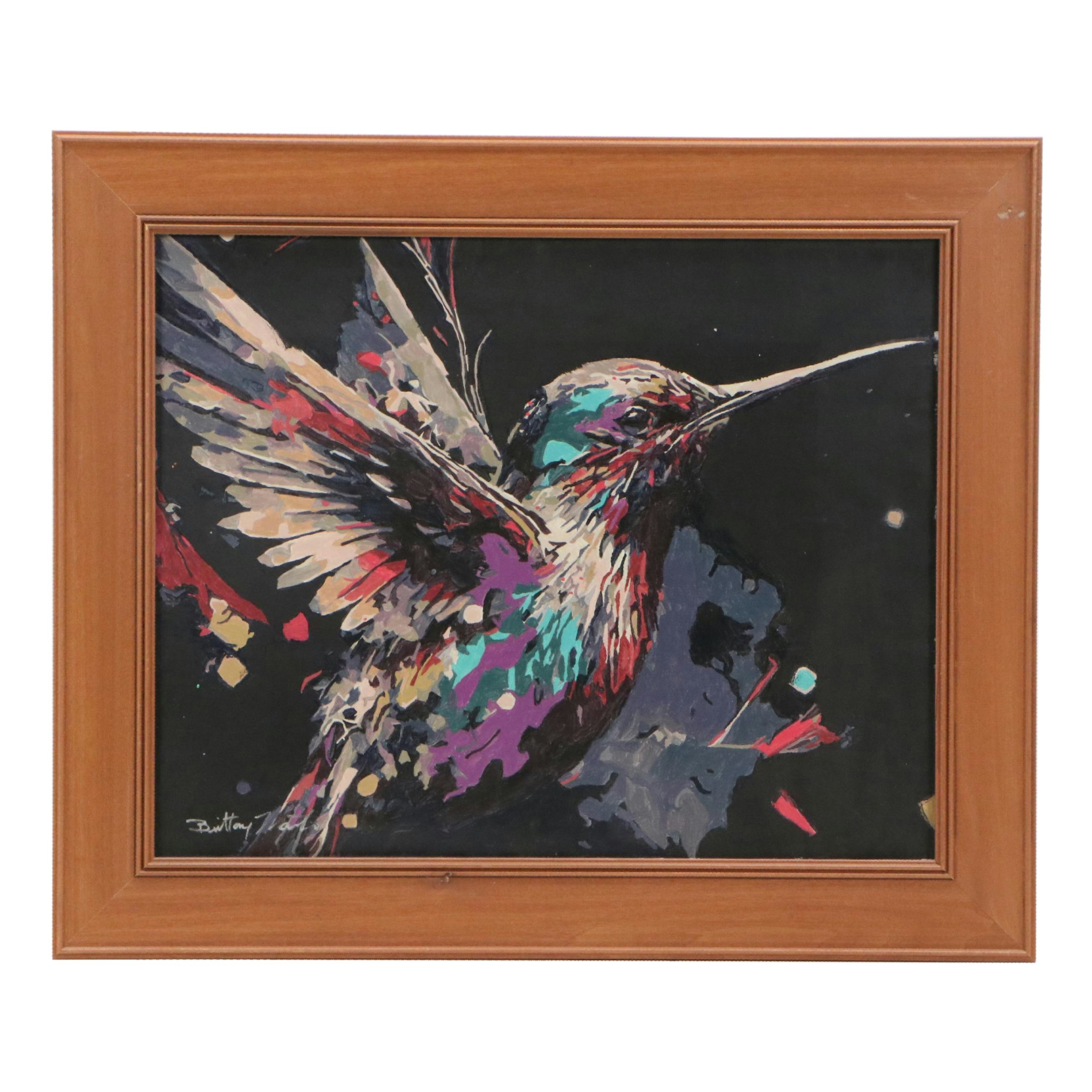 Brittony Martin Acrylic Painting of Colorful Hummingbird, 21st Century