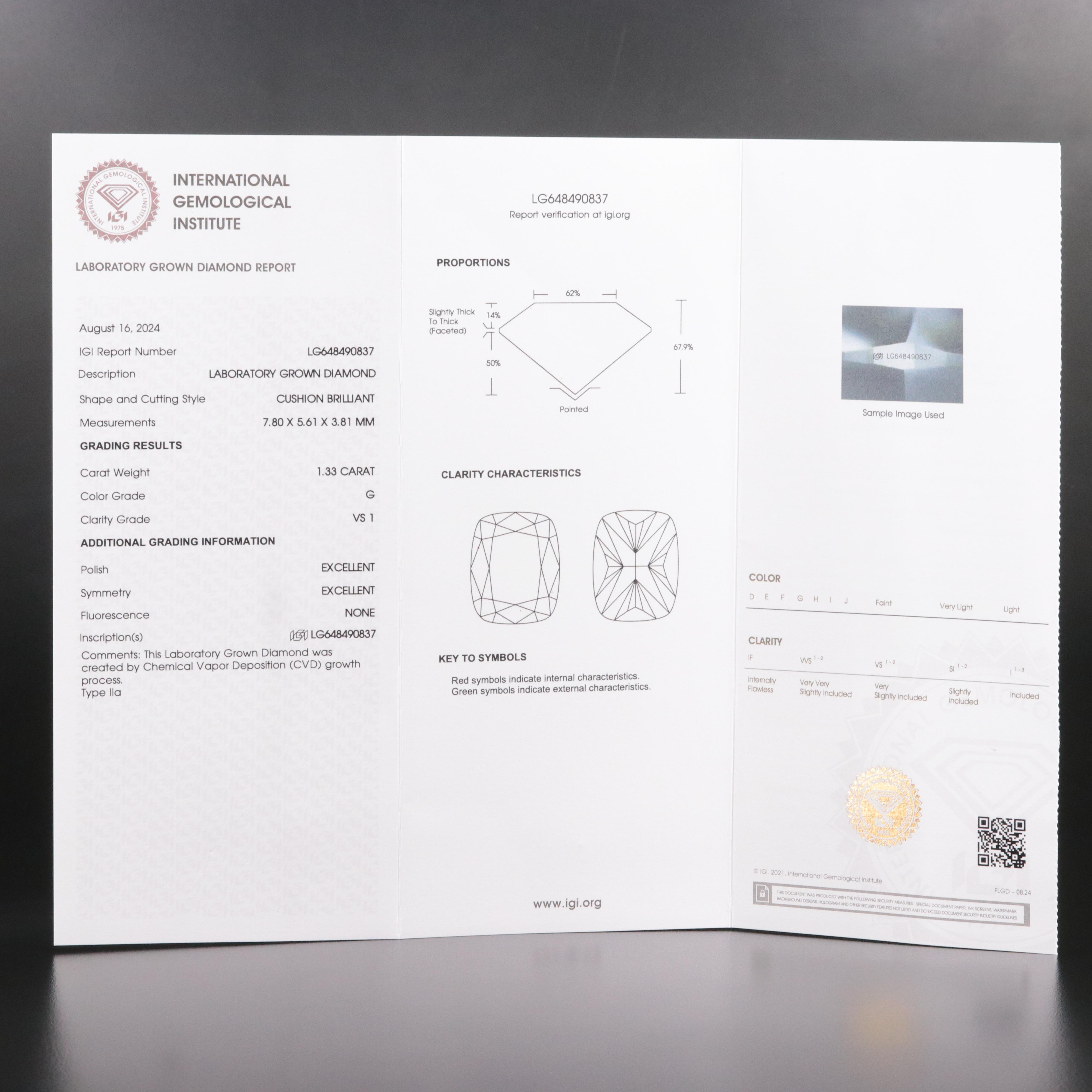 Loose 1.33 CT Lab Grown Diamond with IGI Report