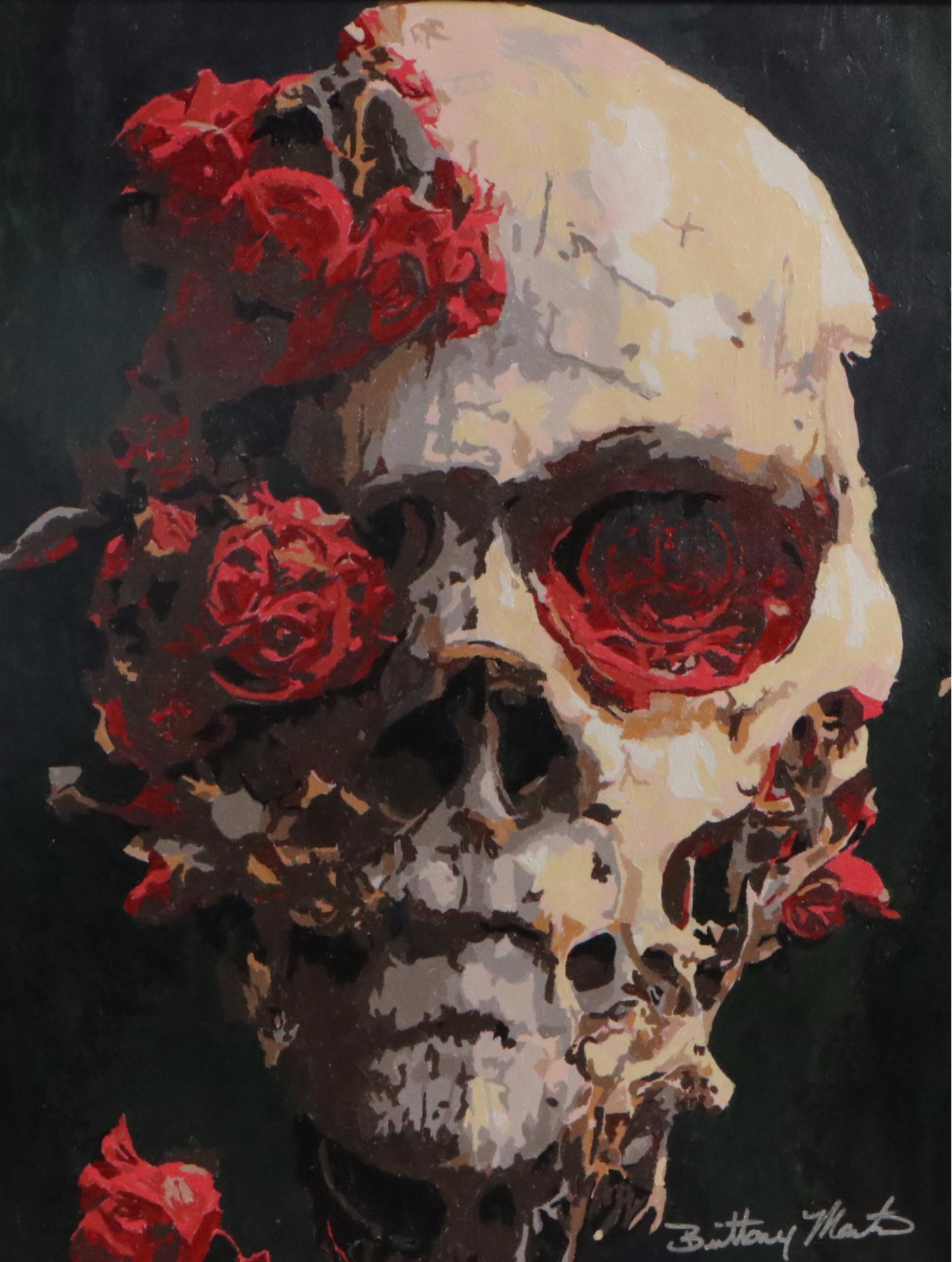 Brittony Martin Acrylic Painting Skull with Roses, 21st Century