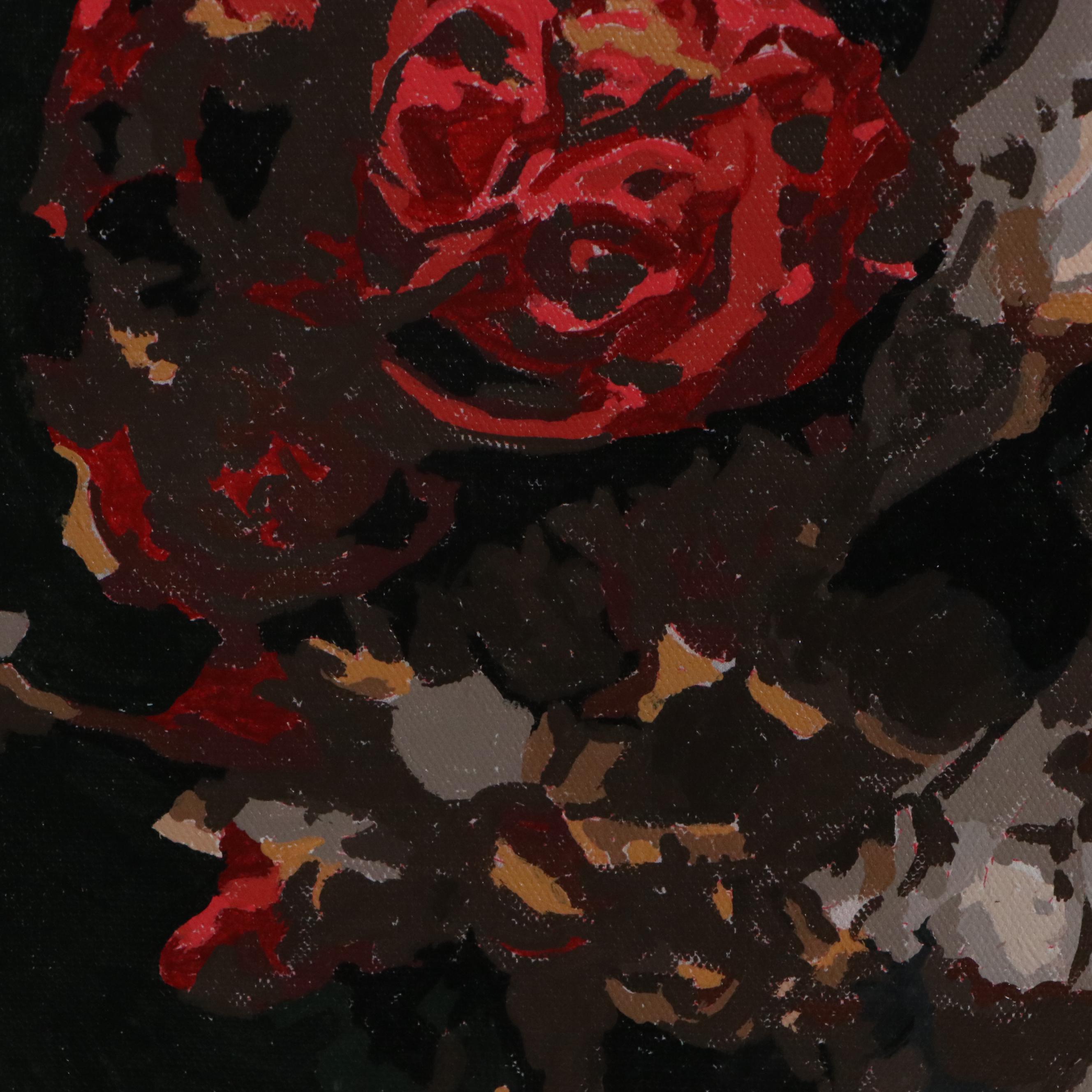 Brittony Martin Acrylic Painting Skull with Roses, 21st Century