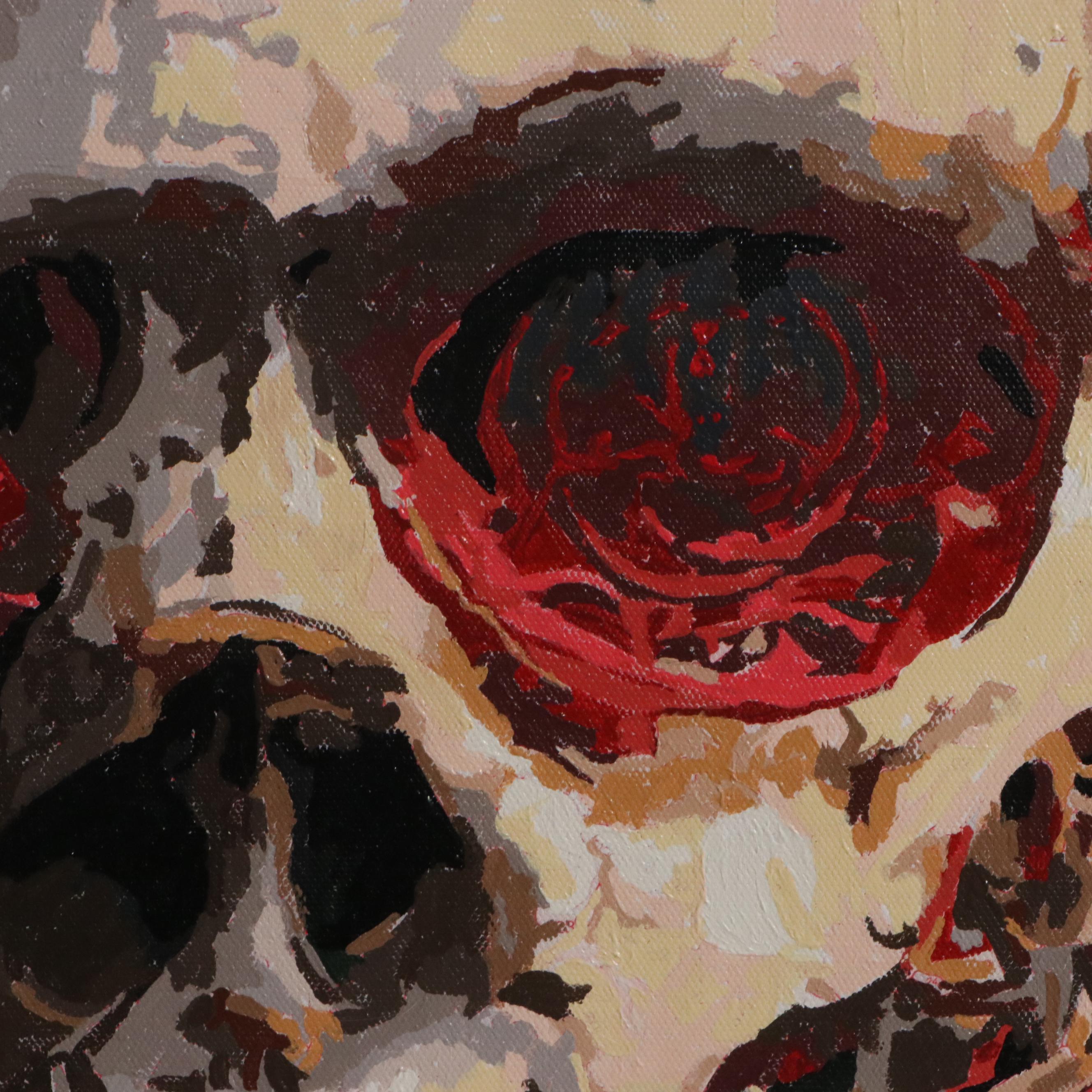 Brittony Martin Acrylic Painting Skull with Roses, 21st Century