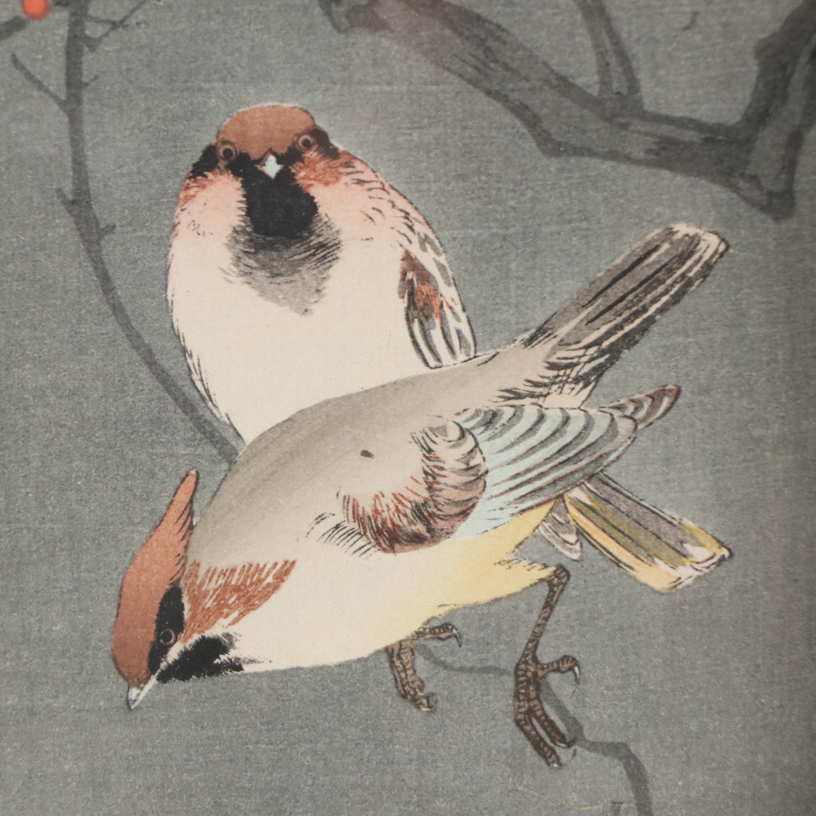 Ohara Koson Woodblock "Starlings and Cherry Tree," Circa 1910