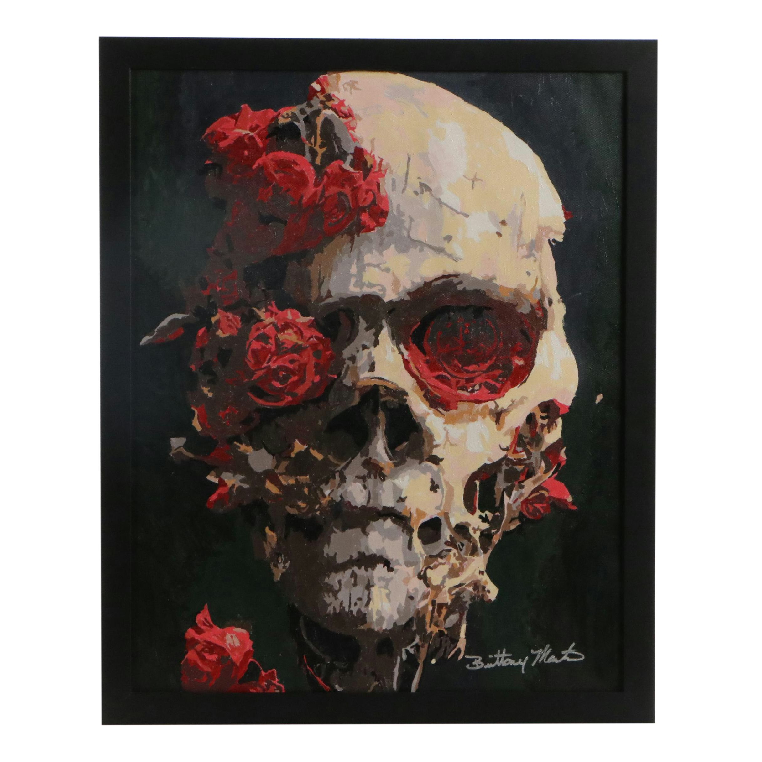 Brittony Martin Acrylic Painting Skull with Roses, 21st Century
