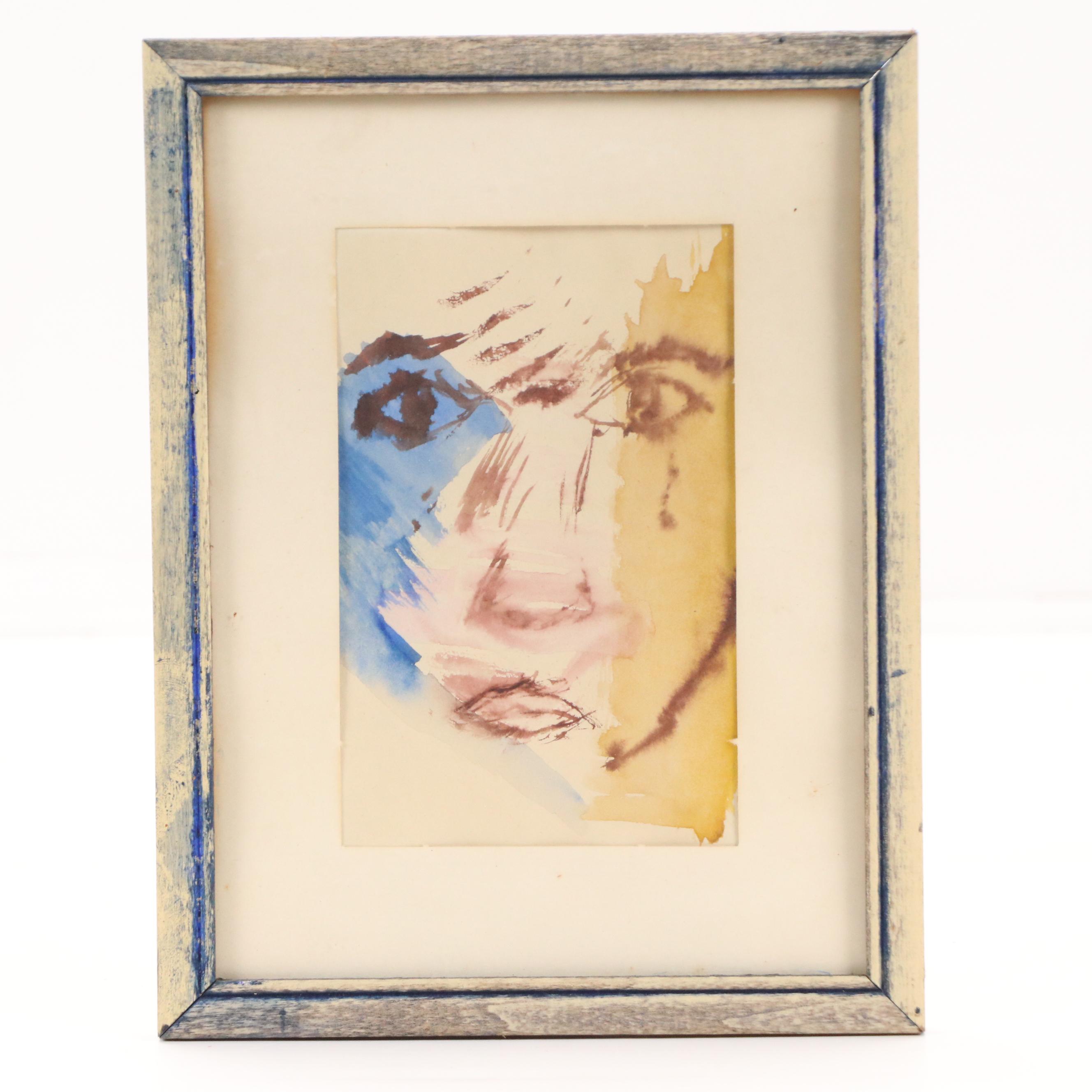 Stylized Portrait Watercolor Paintings, Mid to Late 20th Century