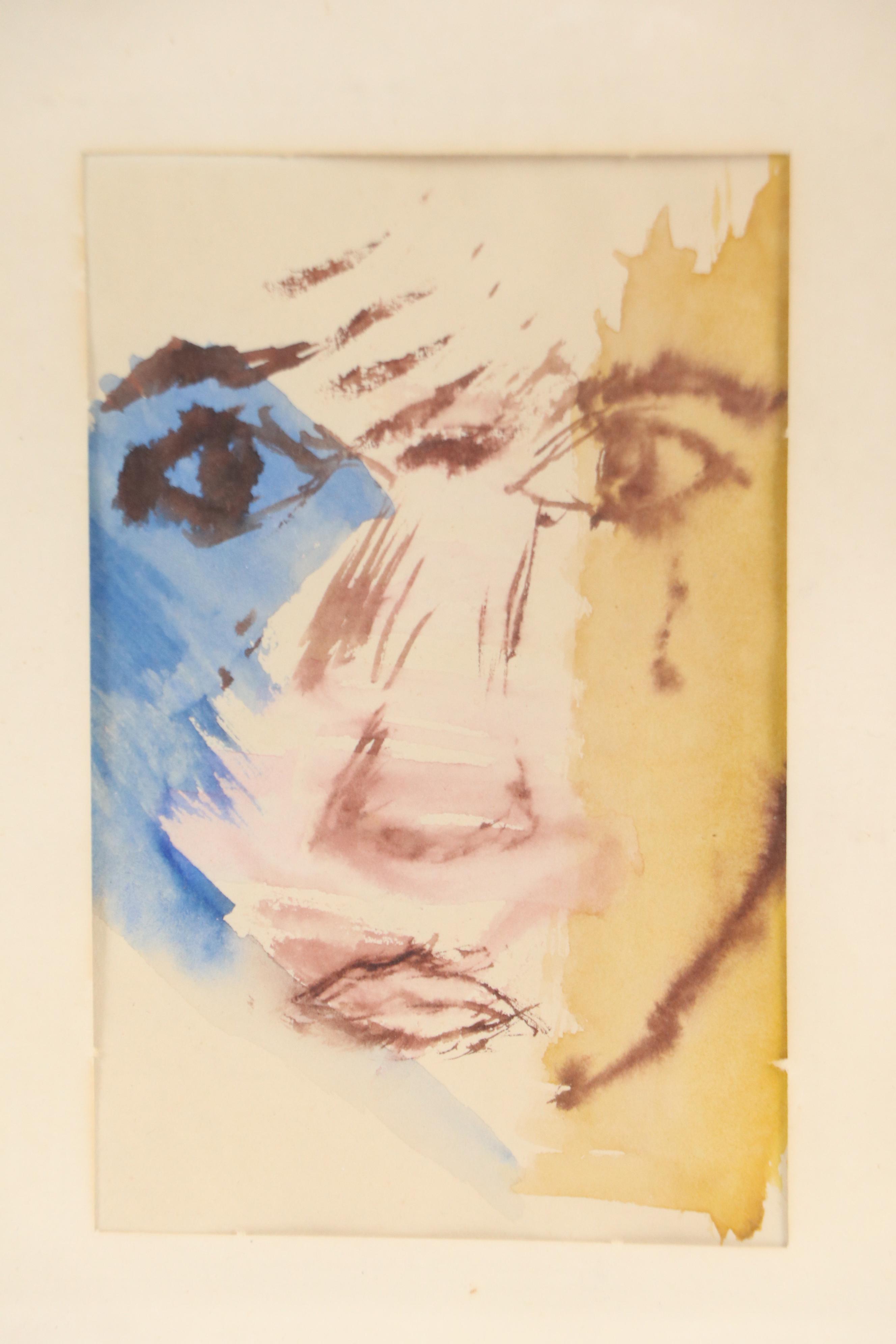 Stylized Portrait Watercolor Paintings, Mid to Late 20th Century