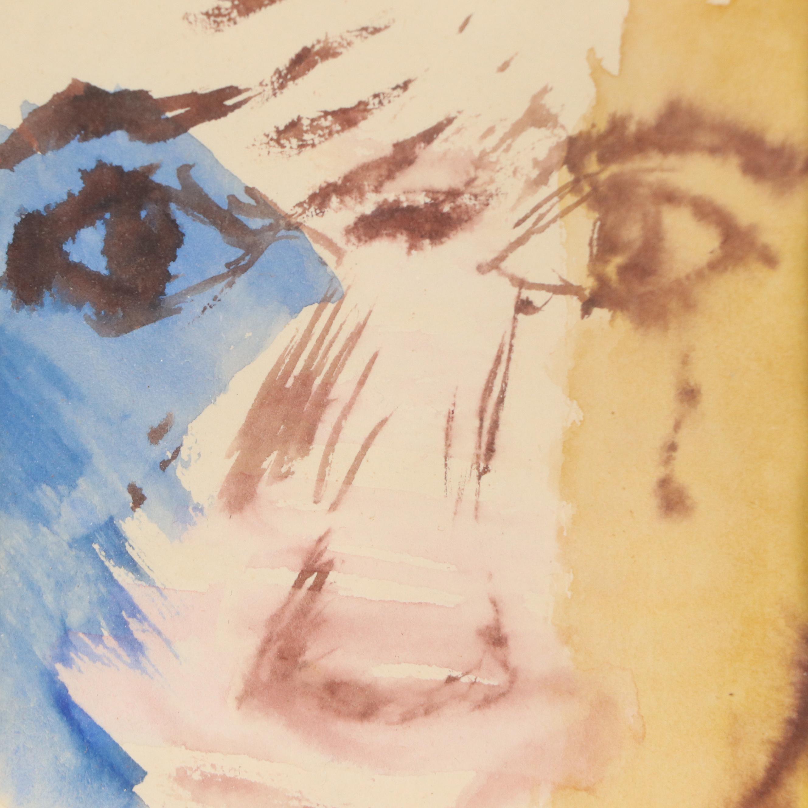 Stylized Portrait Watercolor Paintings, Mid to Late 20th Century