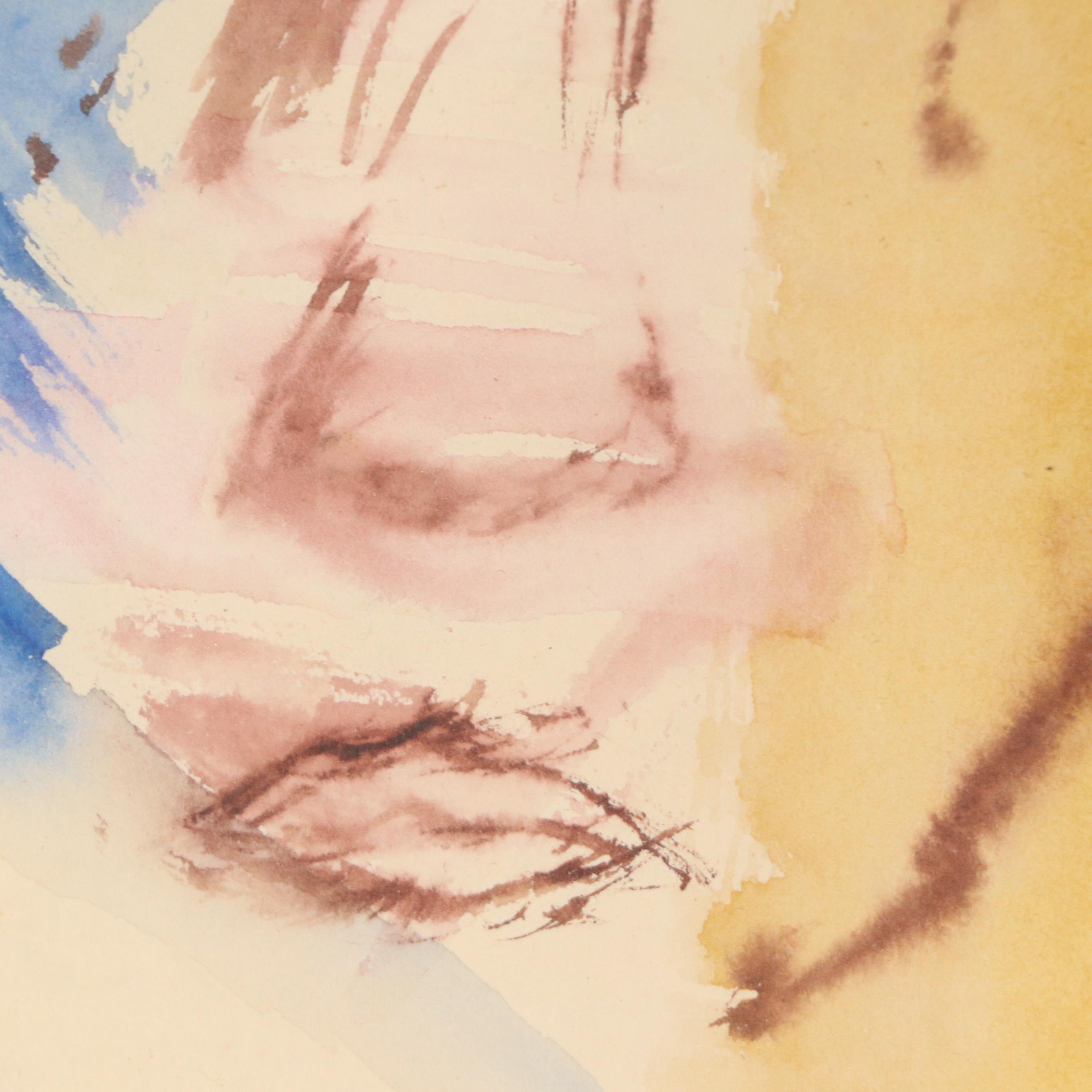 Stylized Portrait Watercolor Paintings, Mid to Late 20th Century