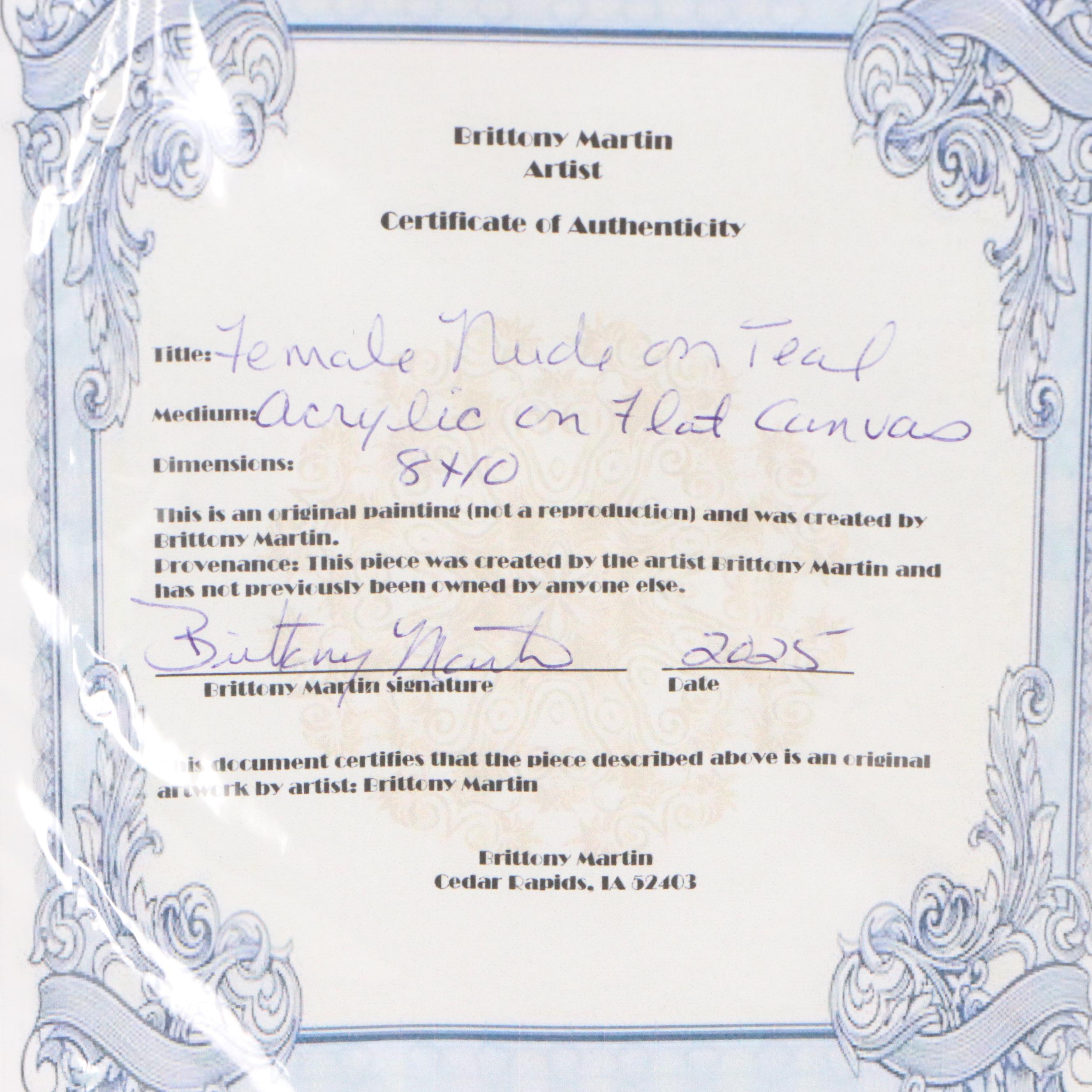 Brittony Martin Acrylic Painting "Female Nude on Teal," 2025