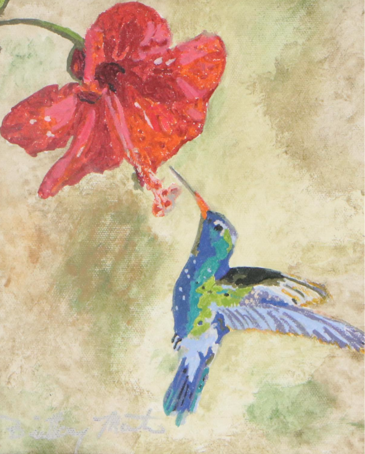 Brittony Martin Acrylic Painting of Hummingbird with Hibiscus, 21st Century