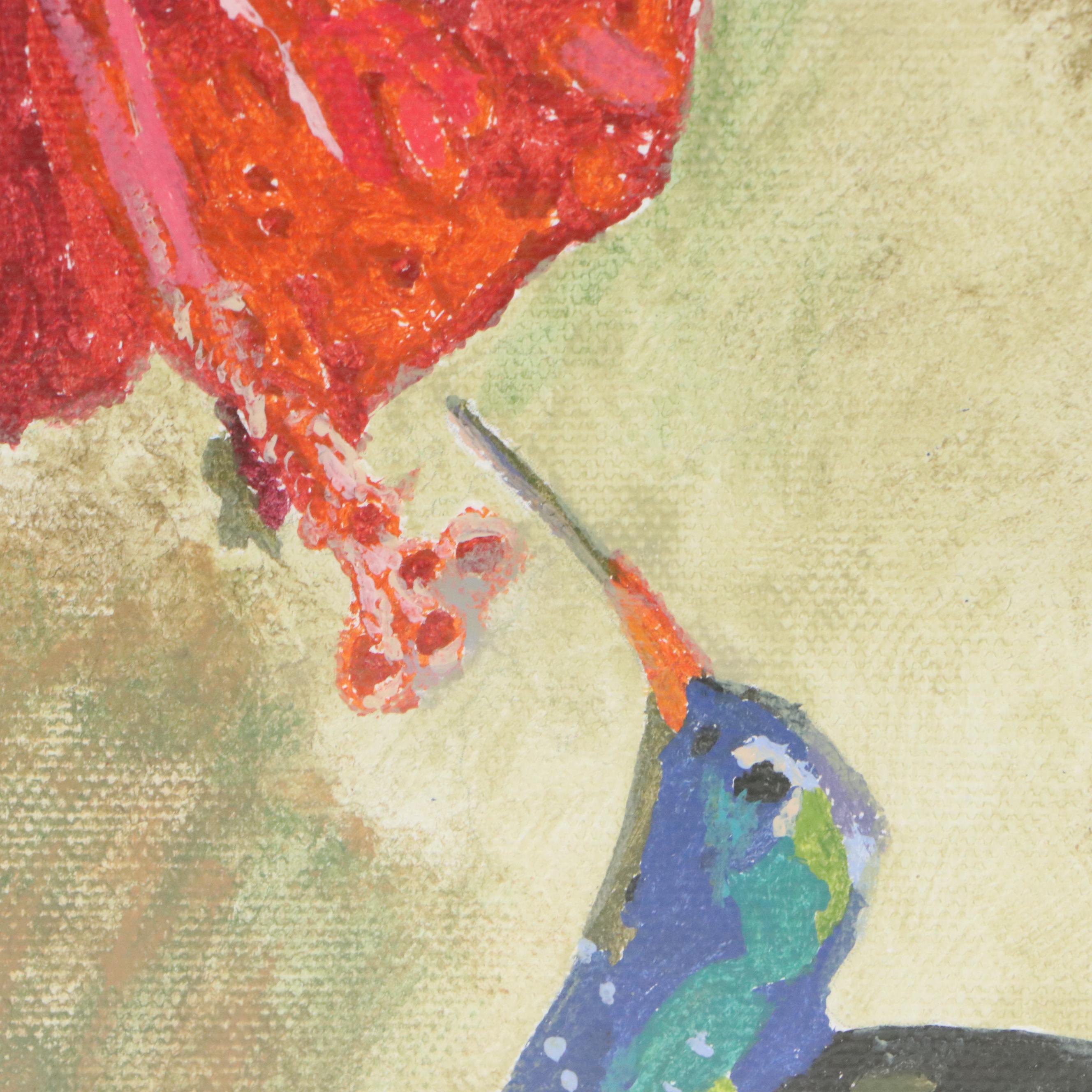 Brittony Martin Acrylic Painting of Hummingbird with Hibiscus, 21st Century