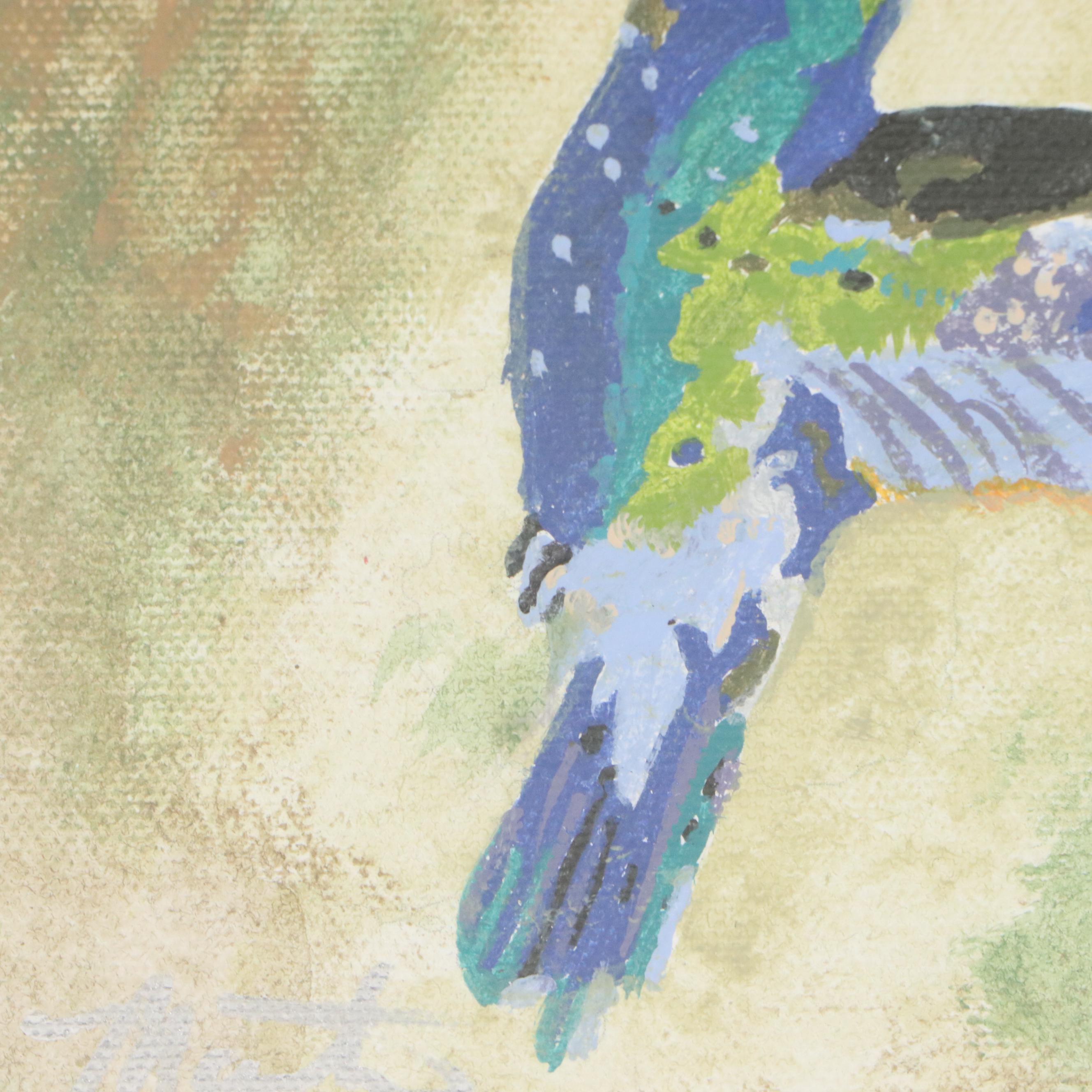 Brittony Martin Acrylic Painting of Hummingbird with Hibiscus, 21st Century