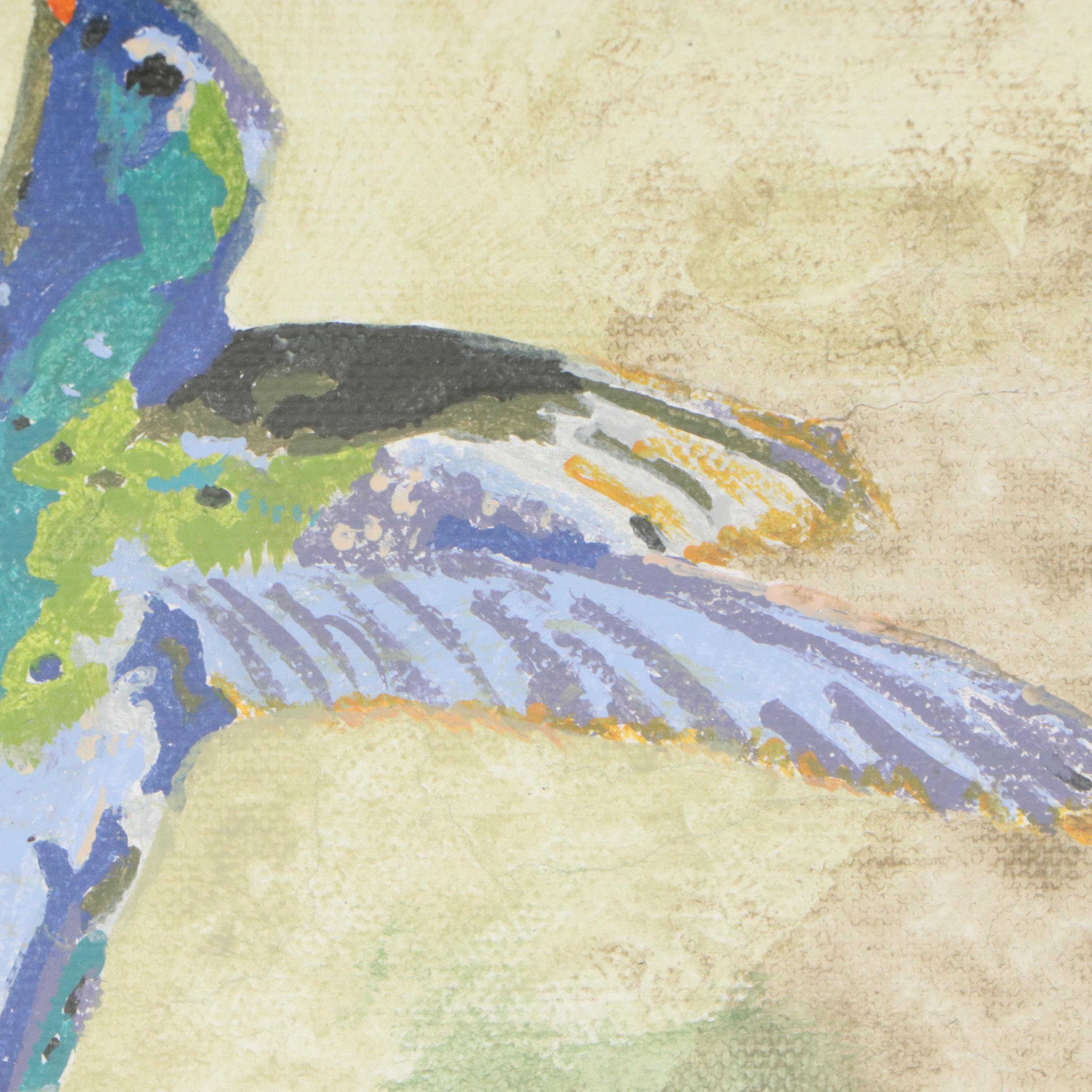 Brittony Martin Acrylic Painting of Hummingbird with Hibiscus, 21st Century