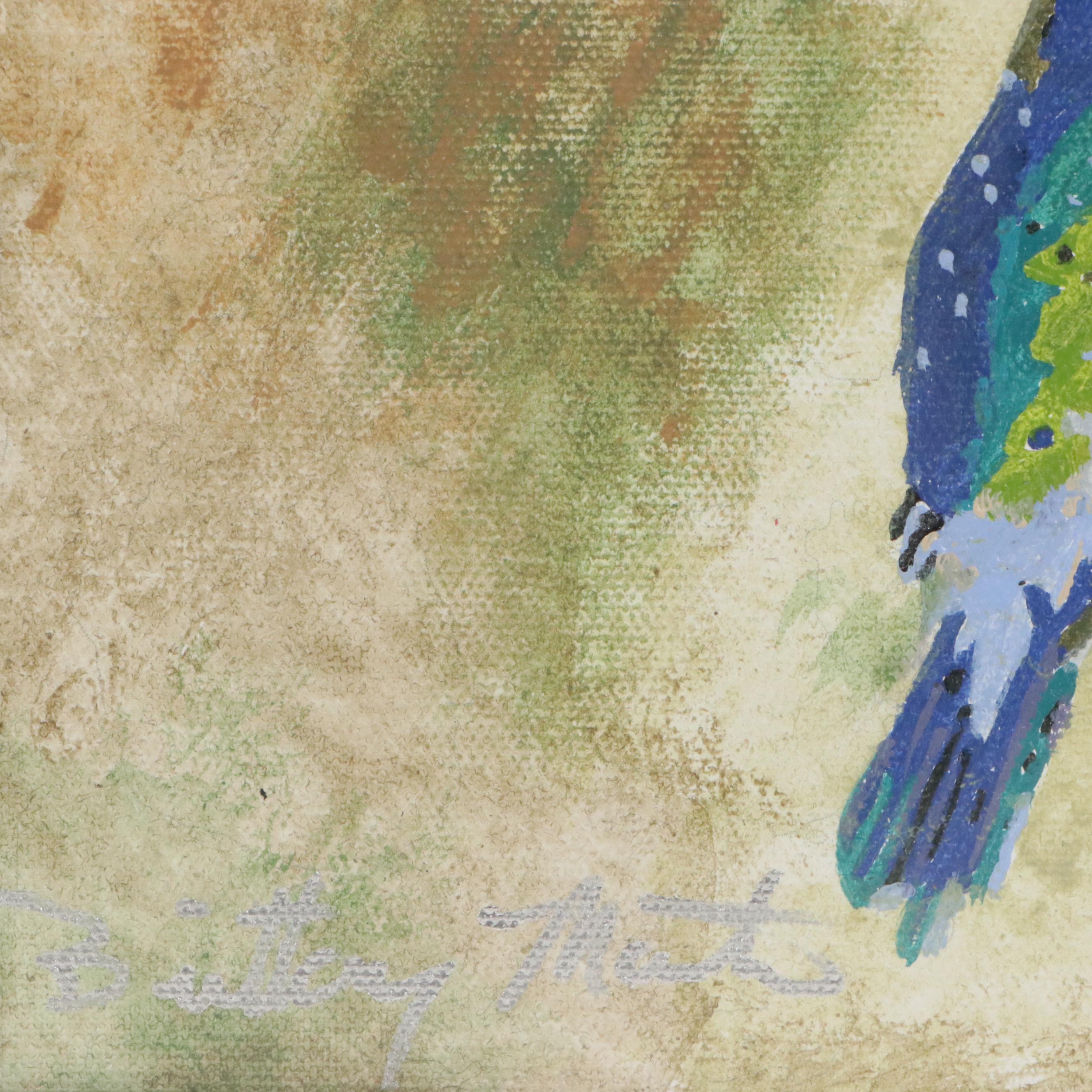 Brittony Martin Acrylic Painting of Hummingbird with Hibiscus, 21st Century