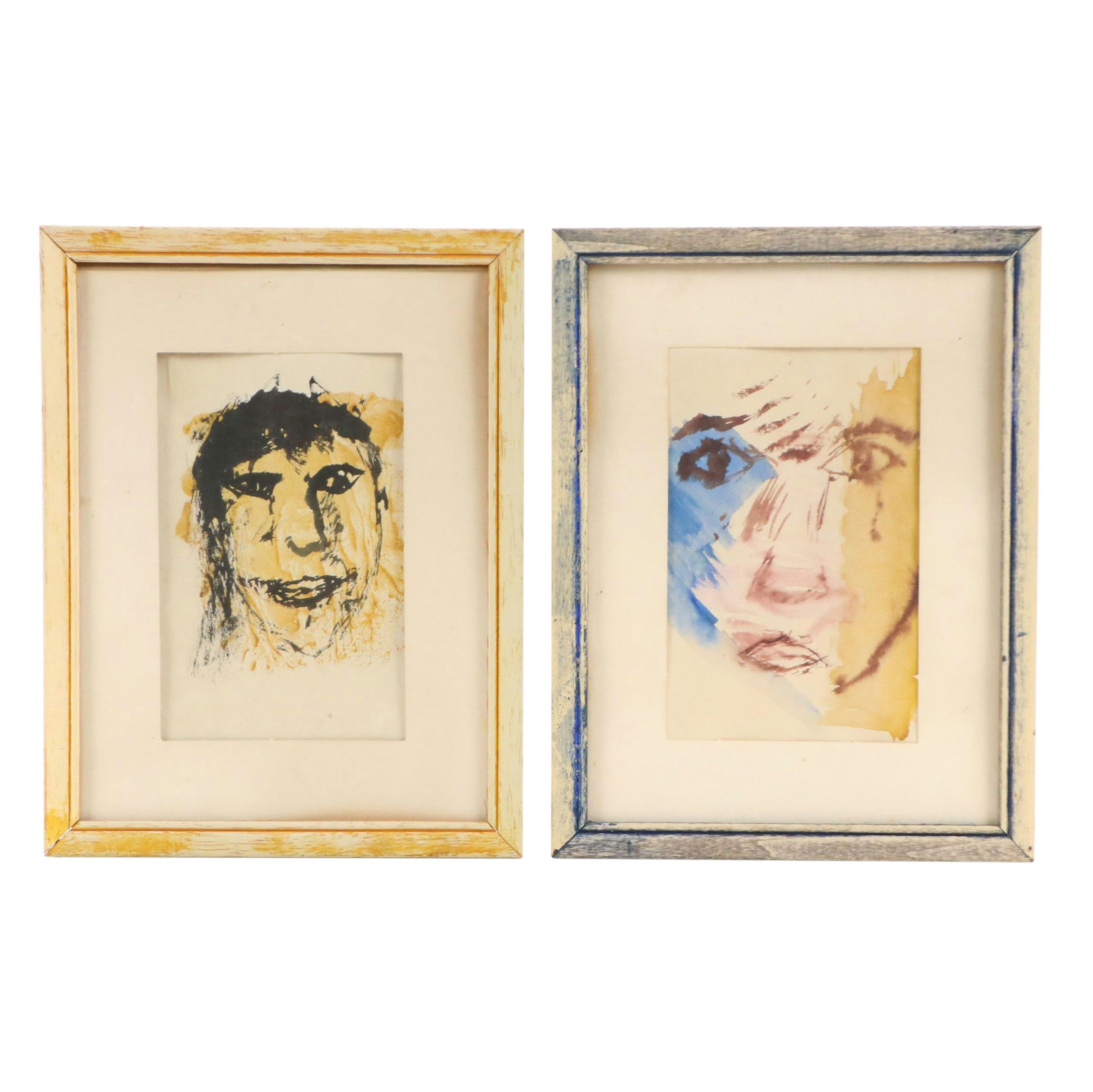 Stylized Portrait Watercolor Paintings, Mid to Late 20th Century