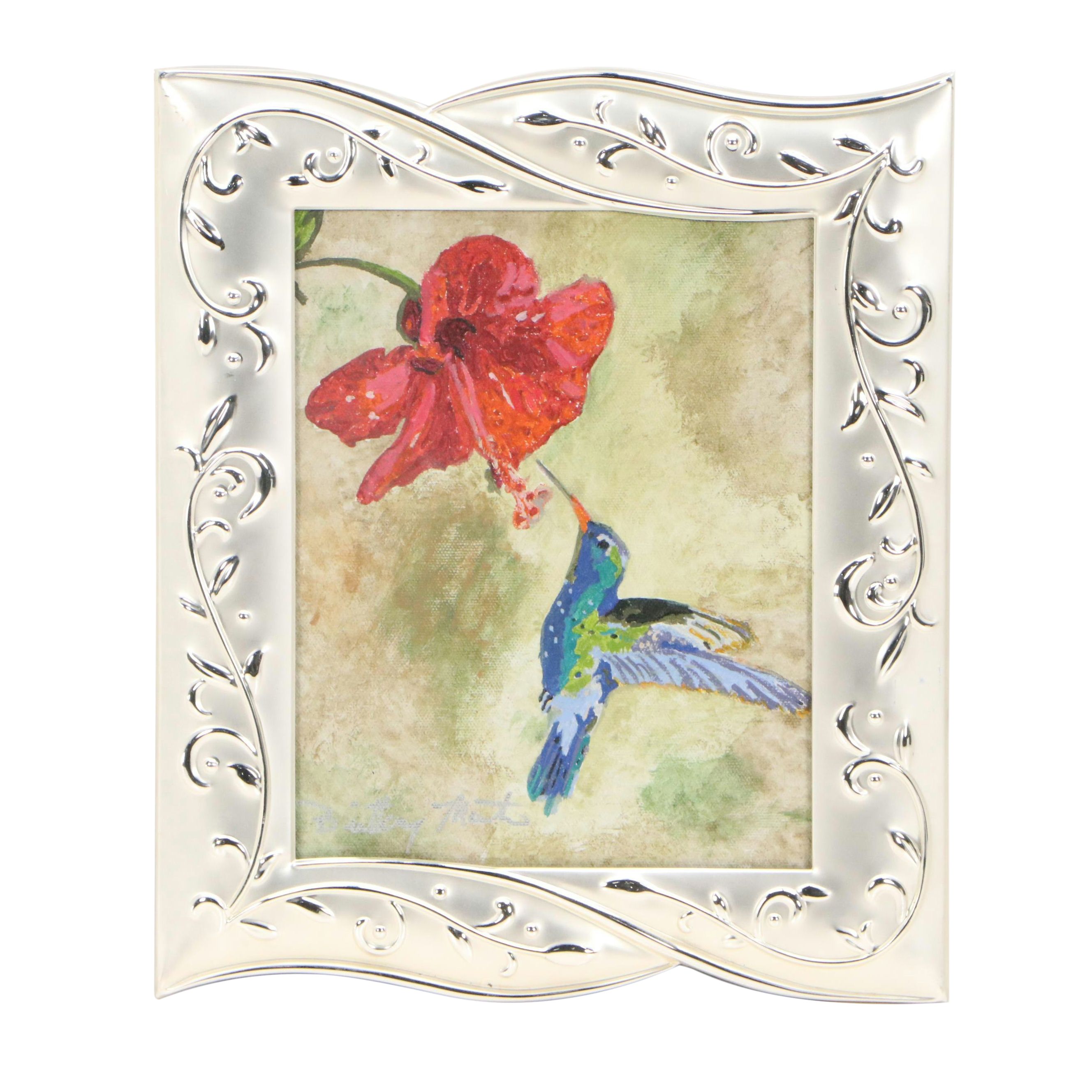 Brittony Martin Acrylic Painting of Hummingbird with Hibiscus, 21st Century