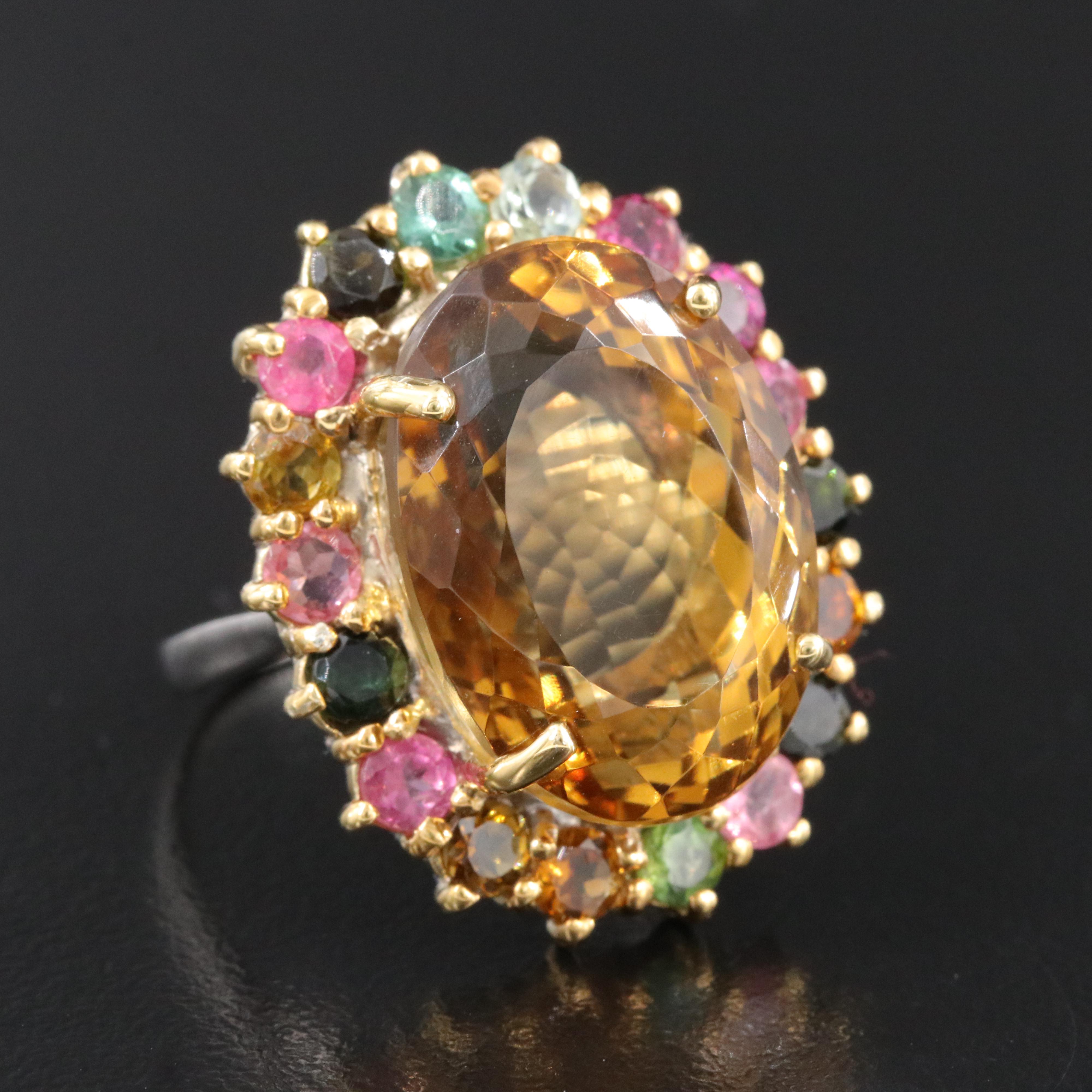 Sterling Citrine and Tourmaline Halo Ring