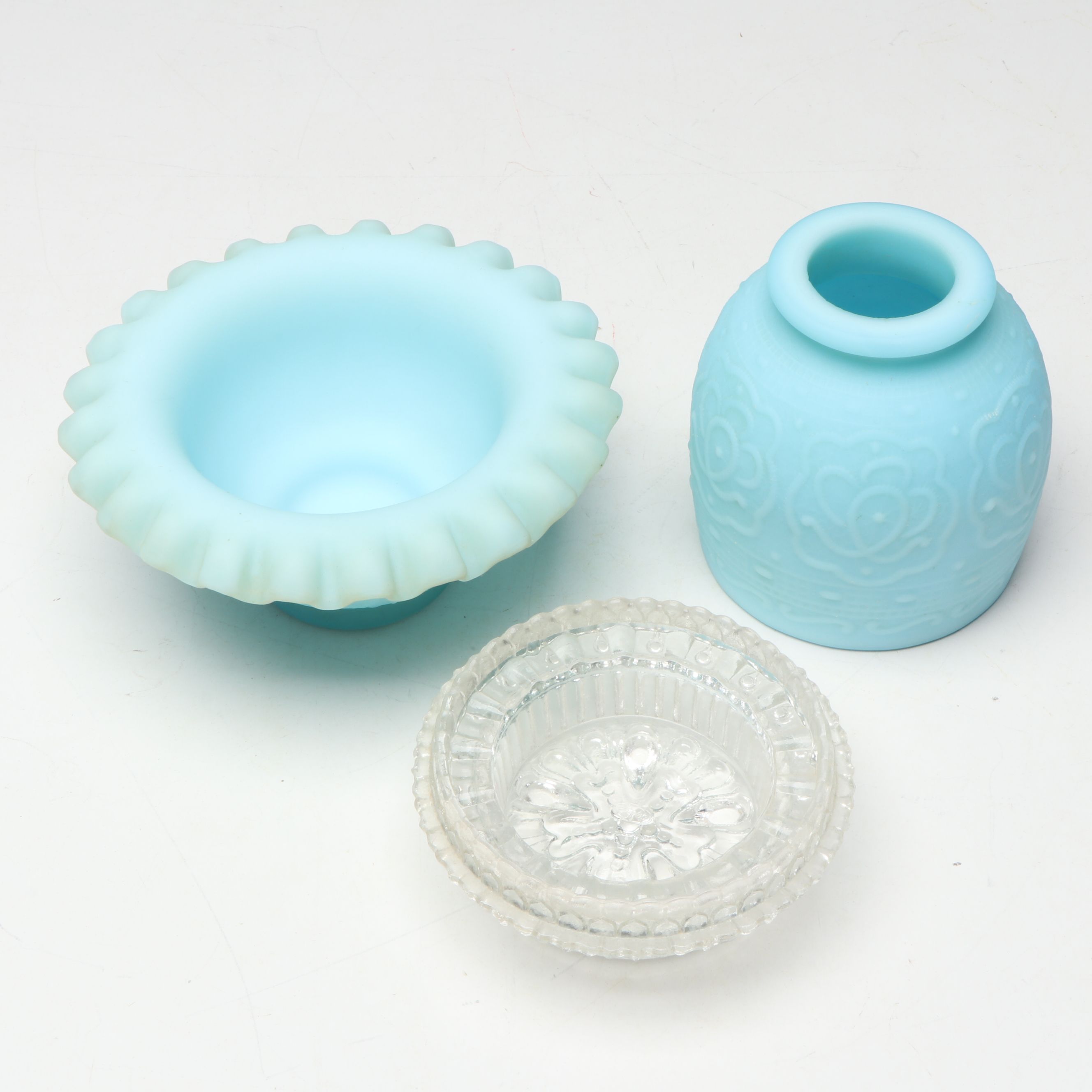 Fenton Iridescent and Blue Satin Glass Fairy Lamps