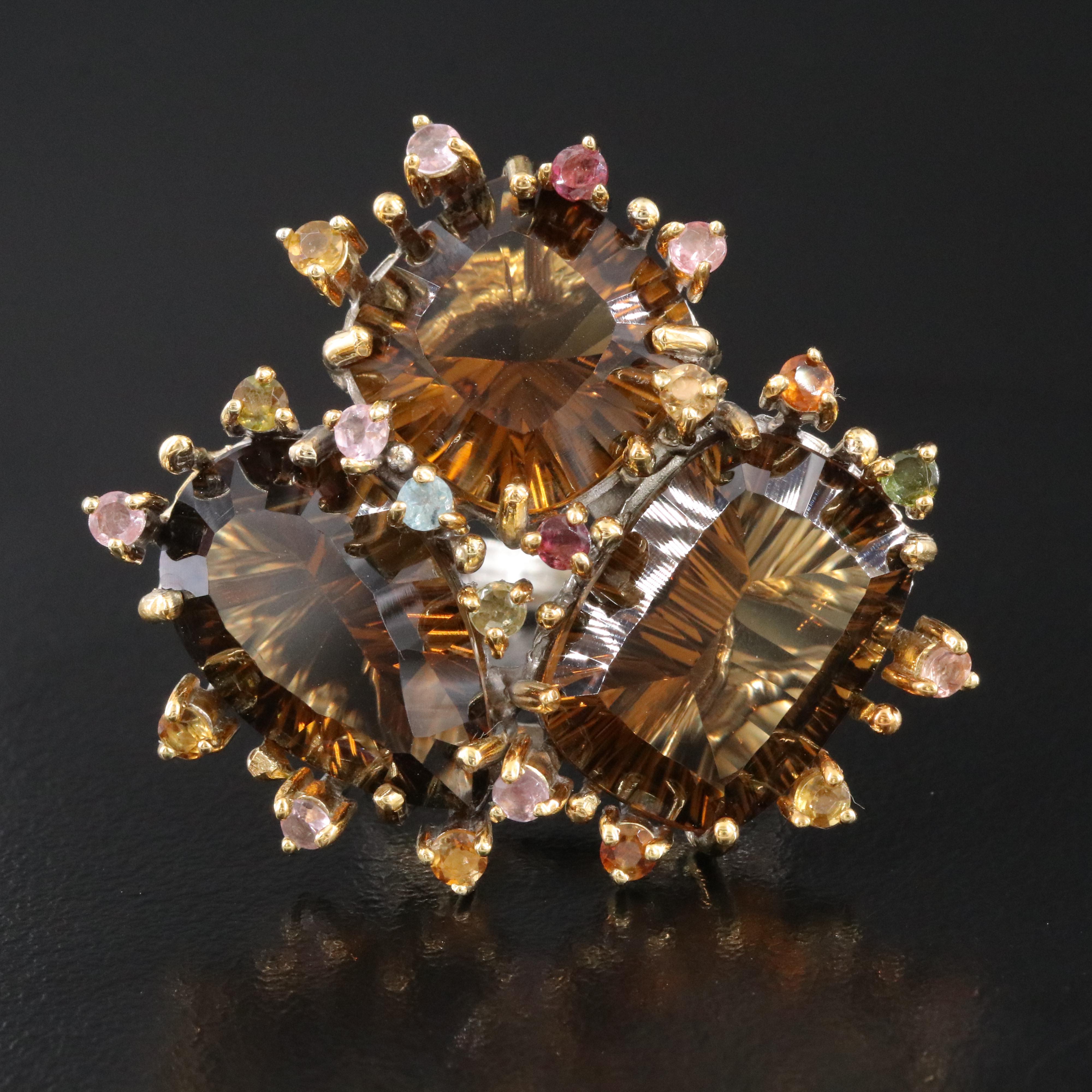 Sterling Smoky Quartz and Tourmaline Ring
