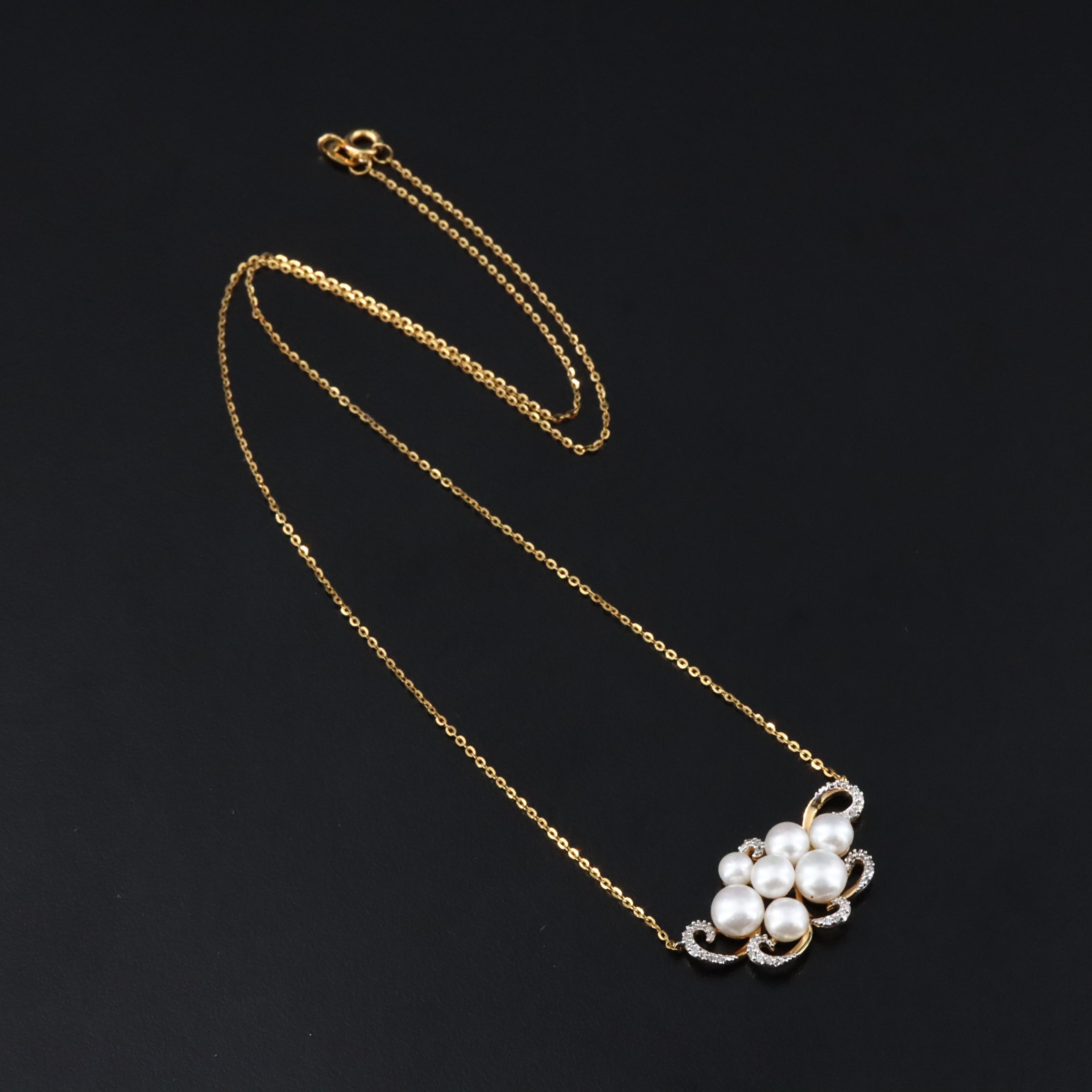 14K Pearl and Diamond Cluster Necklace