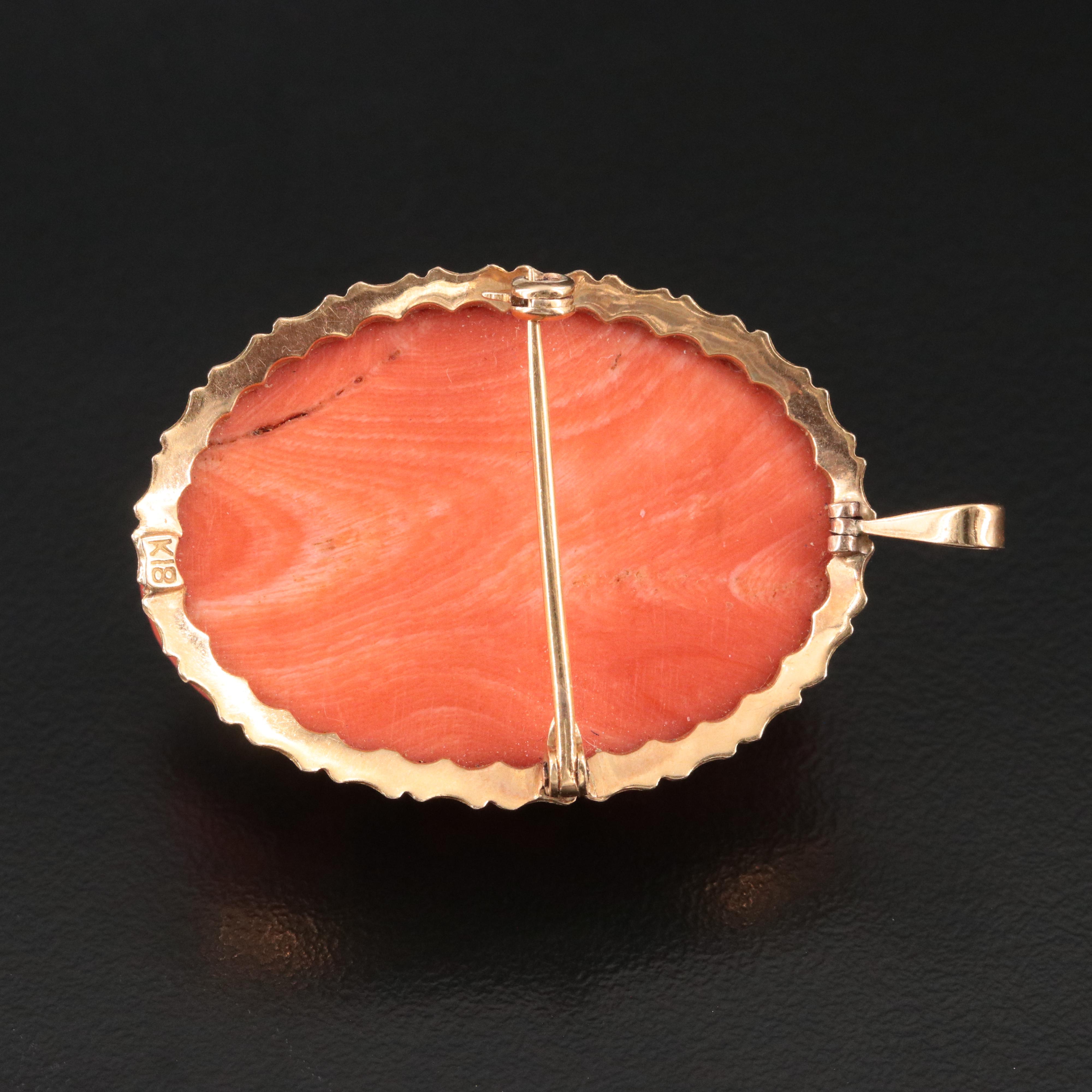 18K High Relief Coral Cameo Converter Brooch