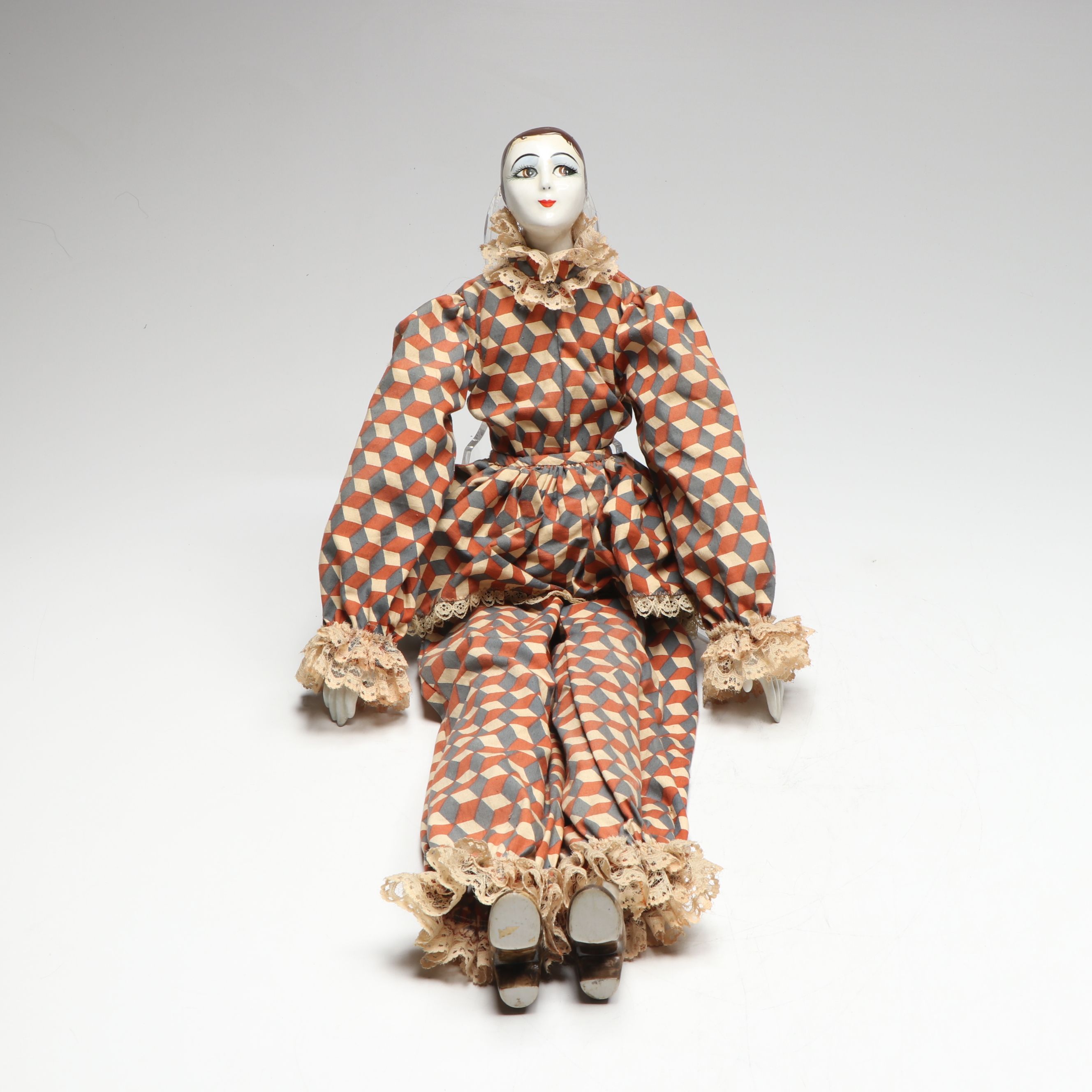 Art Deco China Head Boudoir Doll Dressed as Jester, 1920s-1930s