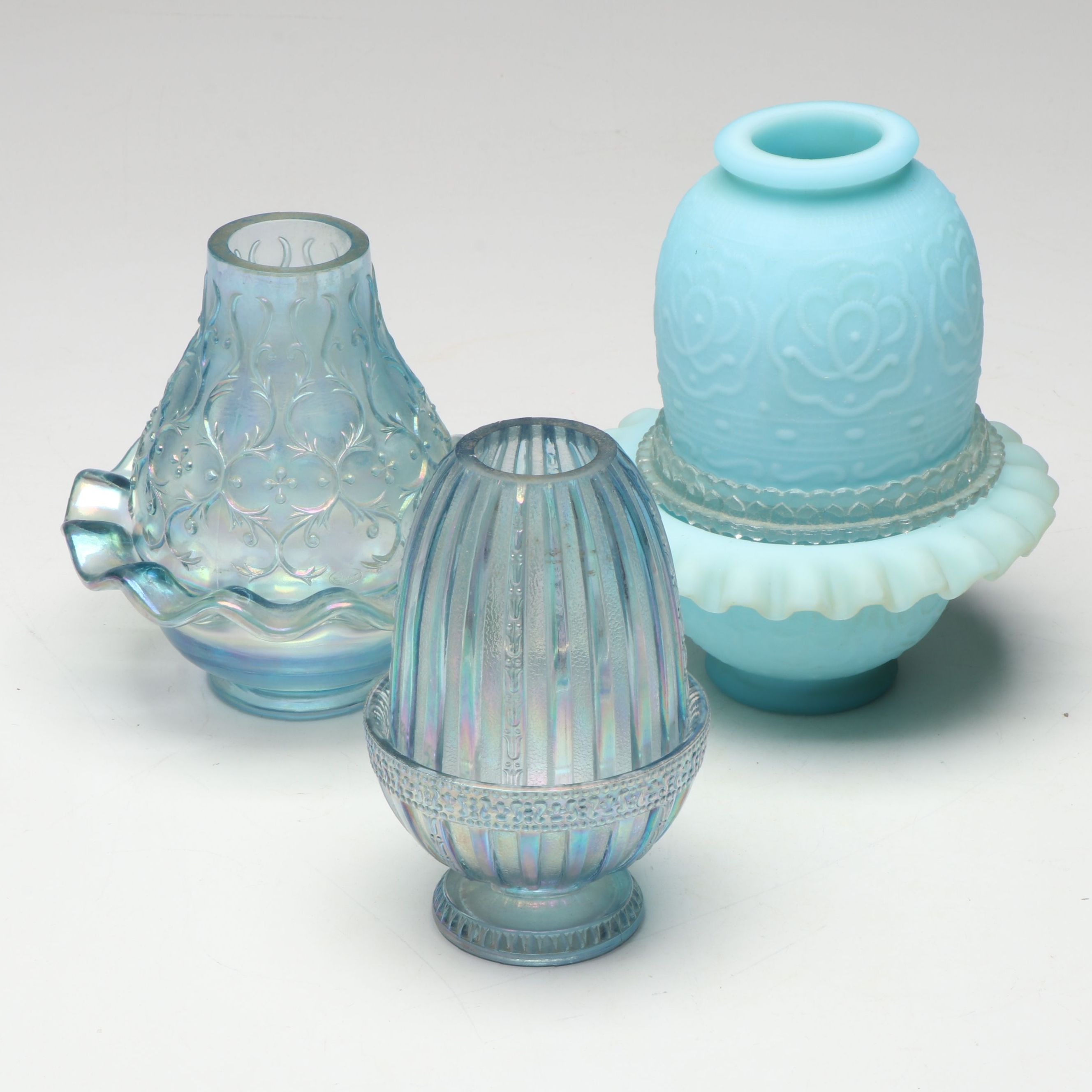 Fenton Iridescent and Blue Satin Glass Fairy Lamps
