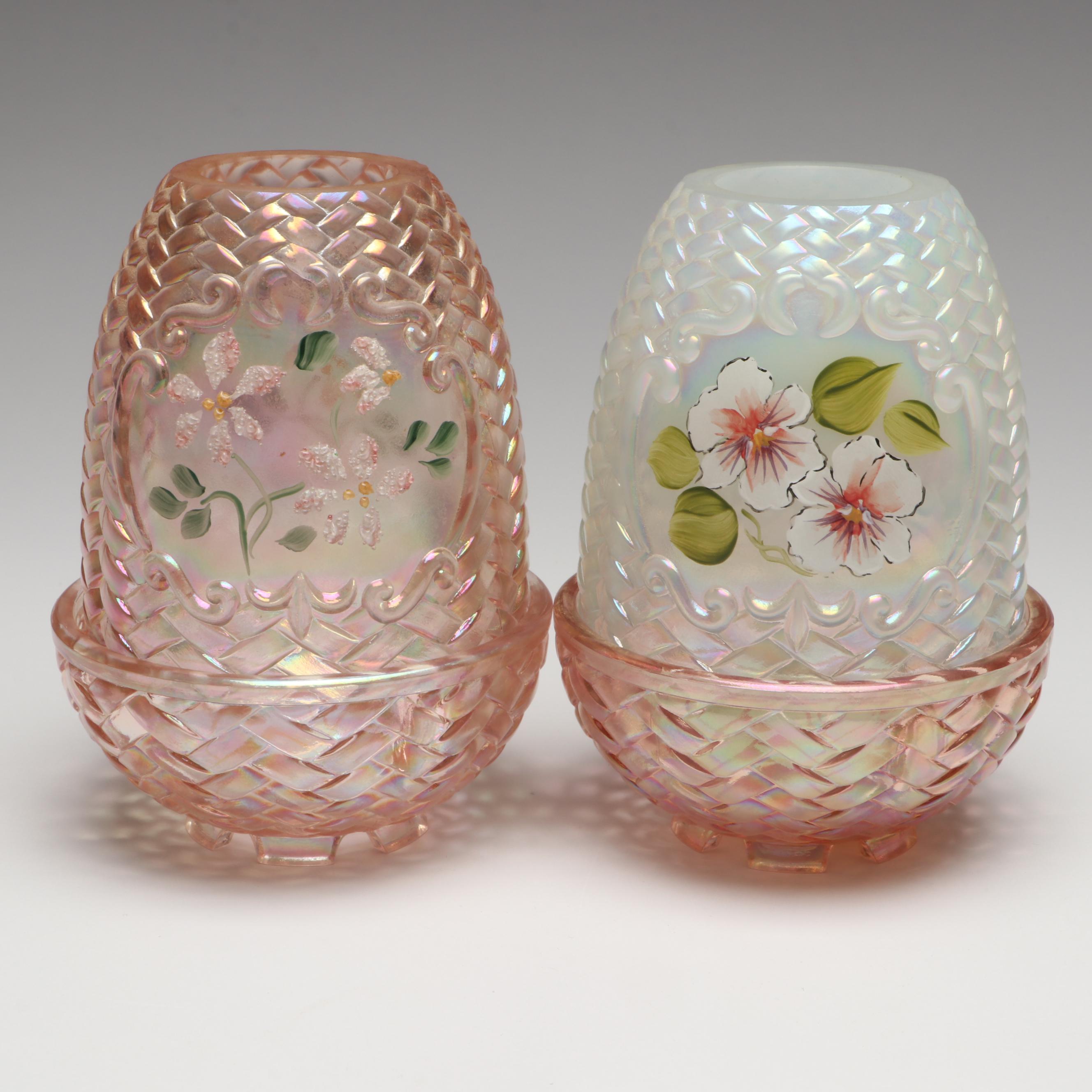Fenton Hand-Painted Iridescent Glass Fairy Lamps