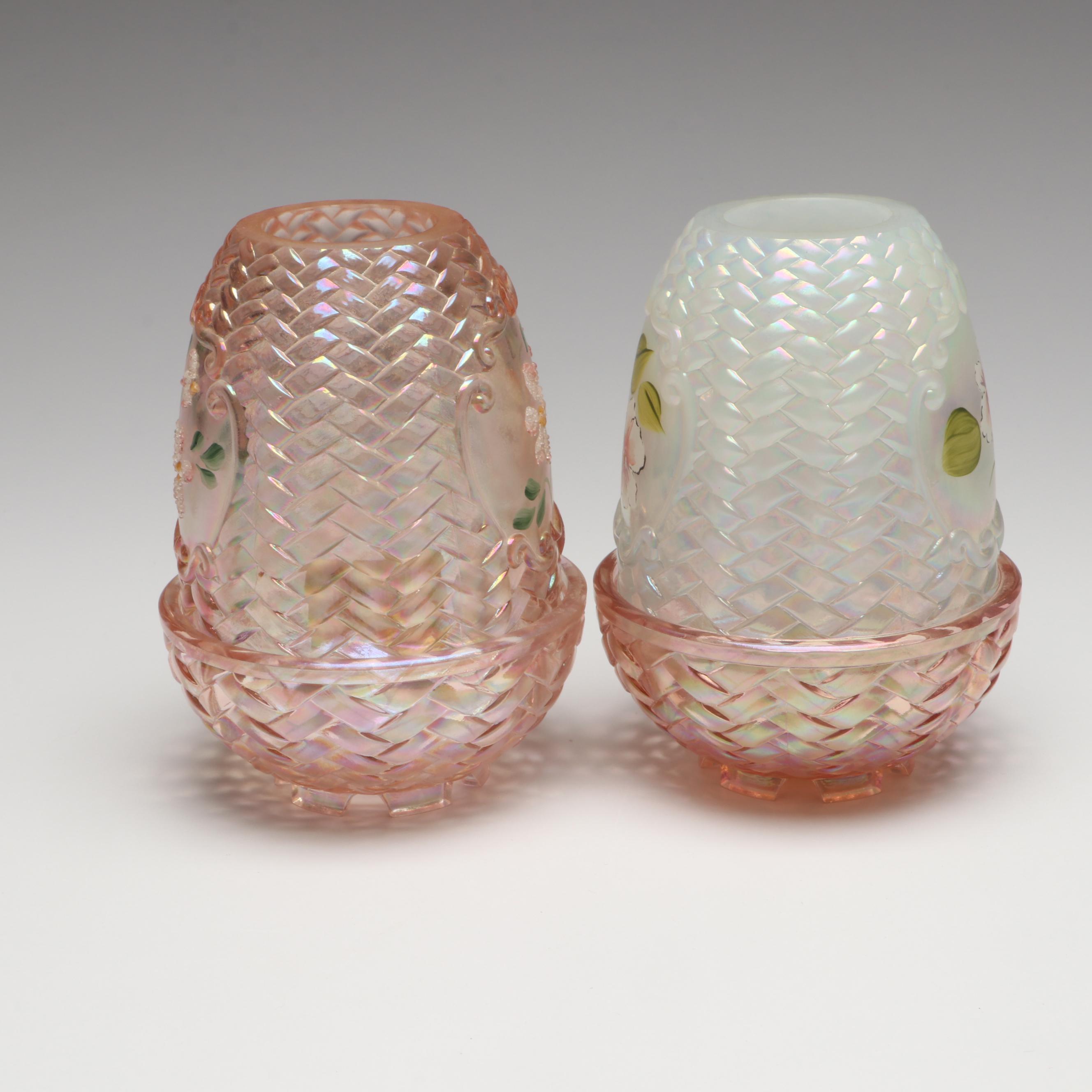 Fenton Hand-Painted Iridescent Glass Fairy Lamps