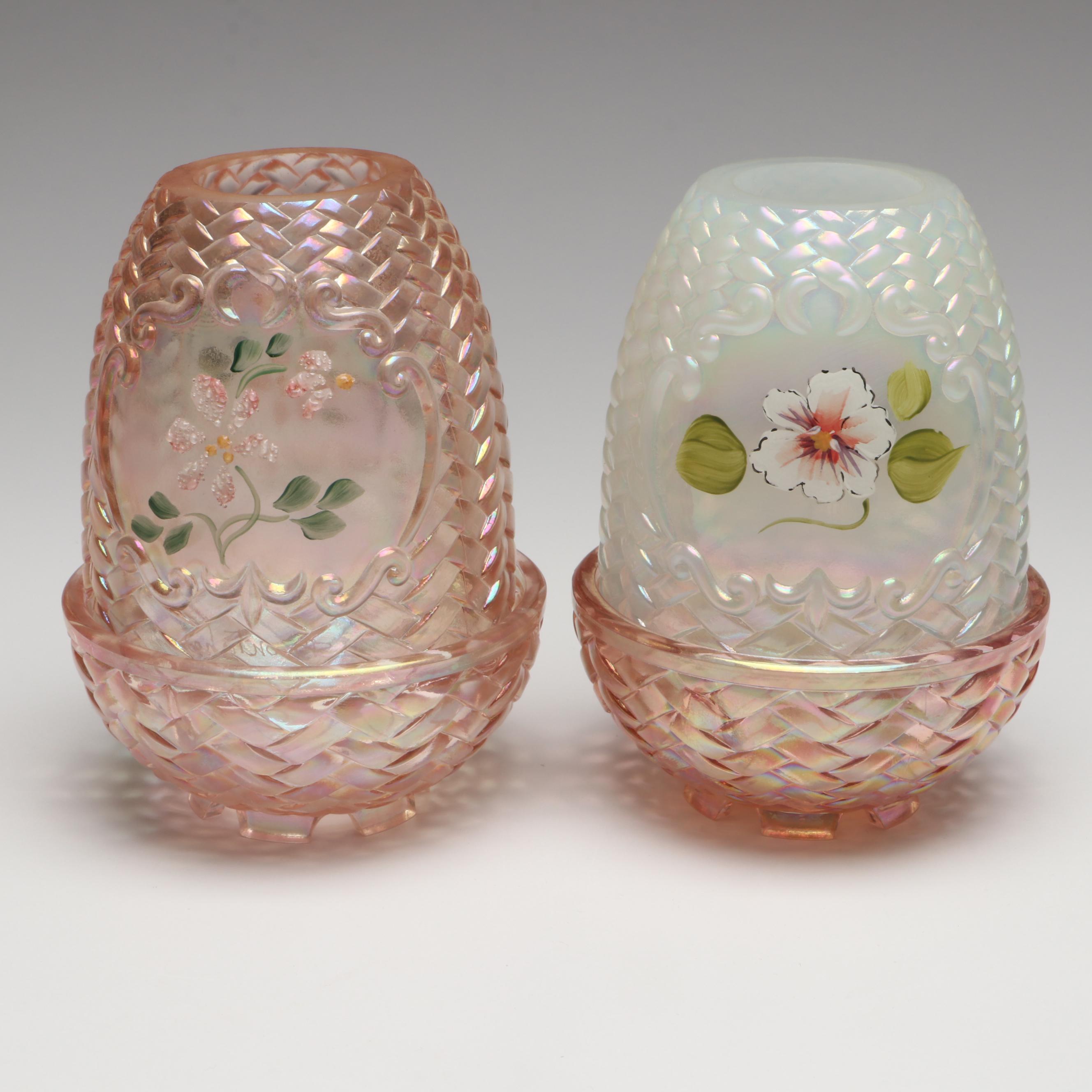 Fenton Hand-Painted Iridescent Glass Fairy Lamps
