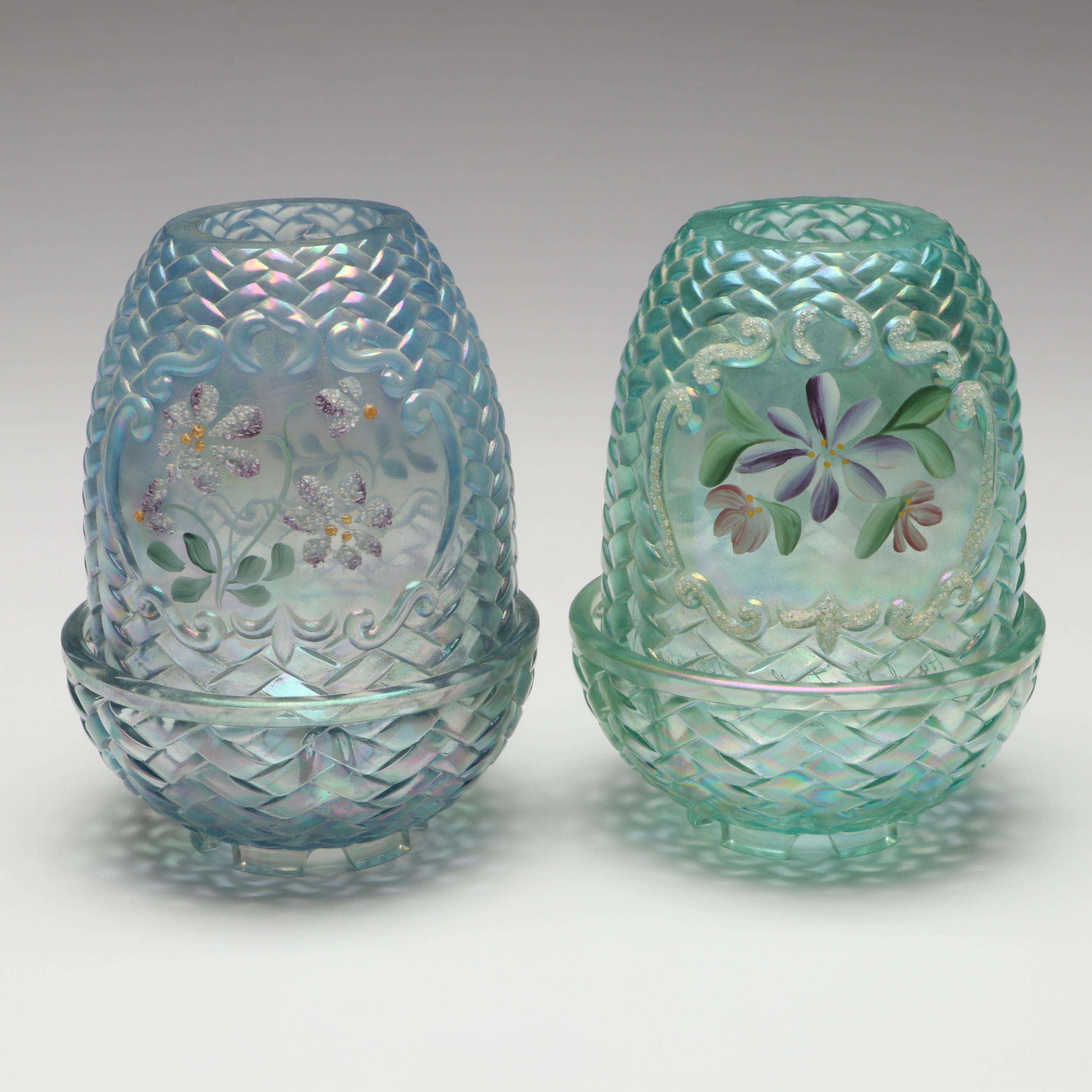 Fenton Hand-Painted Iridescent Glass Fairy Lamps