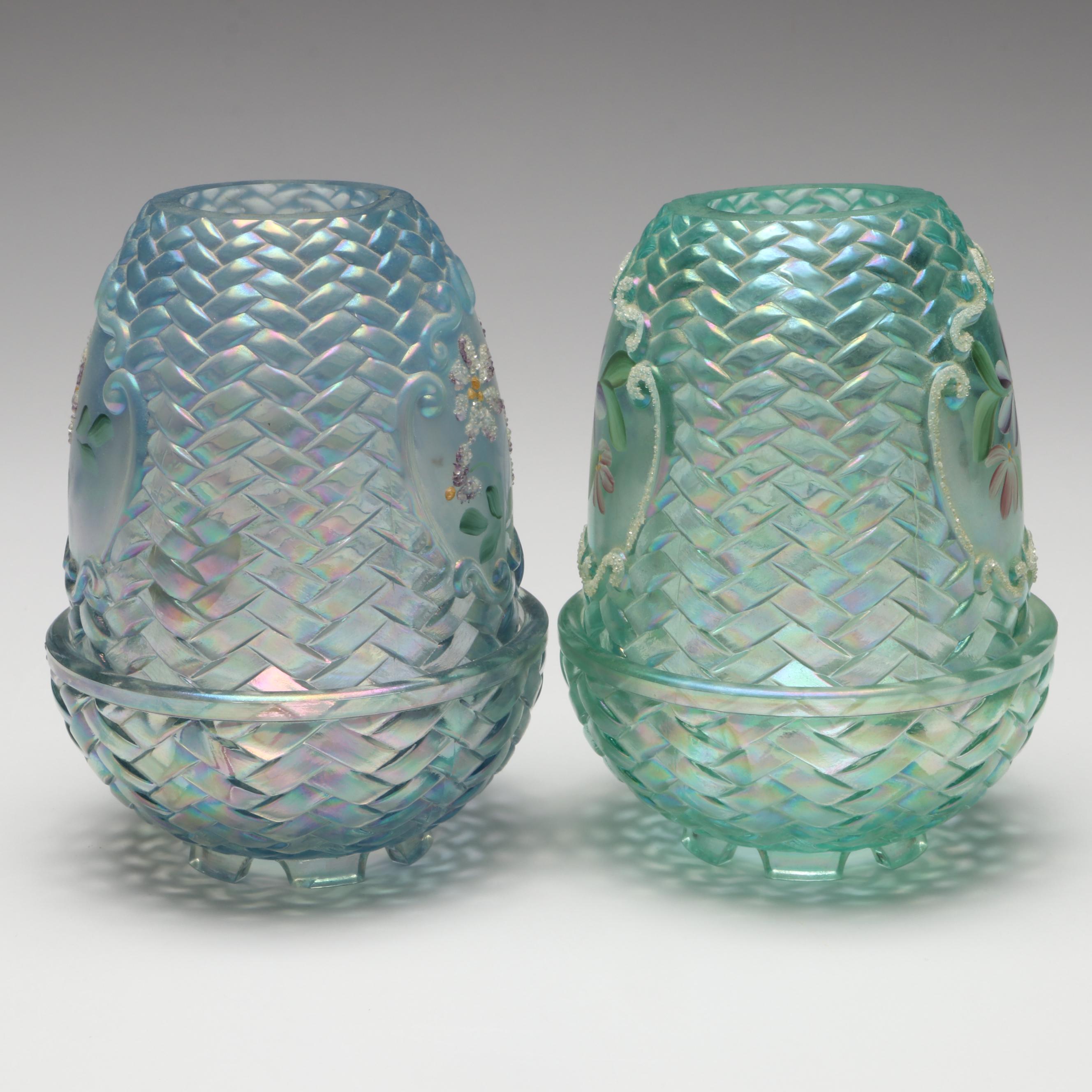 Fenton Hand-Painted Iridescent Glass Fairy Lamps