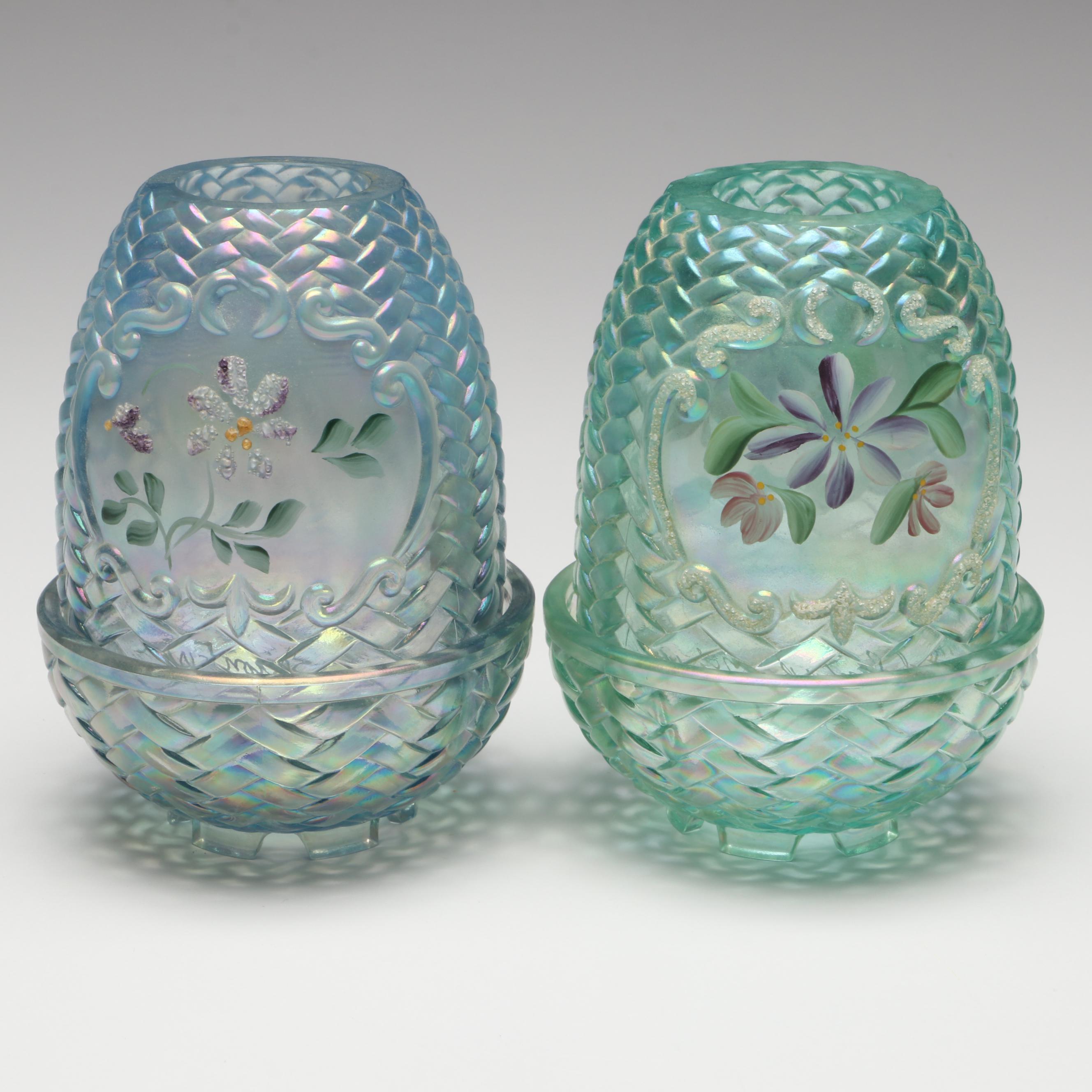 Fenton Hand-Painted Iridescent Glass Fairy Lamps